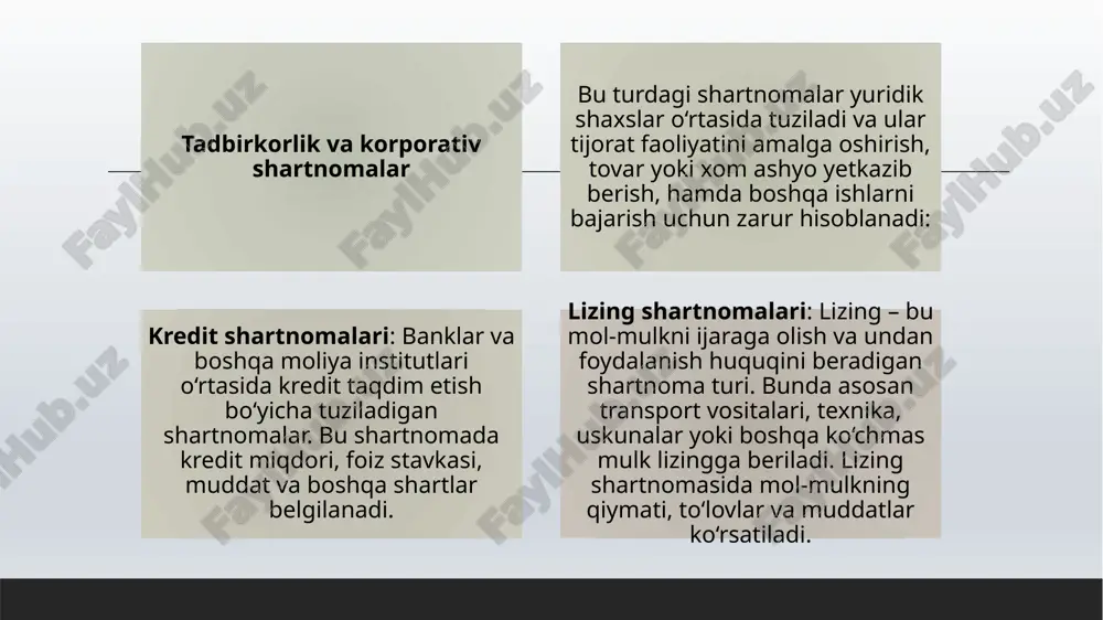 omalar, masalan, ko‘chmas mulkni sotish yoki katta miqdordagi kredit shartnomalari davlat organlari yoki notarius tomonidan tasdiqlanishini talab qilishi mumkin. bunda notarius yoki boshqa vakolatli shaxs shartnoma huquqiy tekshiruvdan o‘tkazib, uning haqiqiyligini tasdiqlaydi. shartnoma shartlariga rioya etmaslik shartnoma shartlariga rioya etmaslik, majburiyatlarni bajarilmasligi yoki noto‘g‘ri bajarilishi huquqiy javobgarlikka olib keladi. bunda zarar ko‘rgan tomon zararni qoplashni talab qilishi mumkin. shartnoma majburiyatlarini bajarish yoki to‘liq amalga oshirish — har bir tomonning huquqiy majburiyatidir. agar shartnoma taraflaridan biri o‘z majburiyatlarini bajarmasa, yoki ularni noto‘g‘ri bajarsa (masalan, muddati o‘tgan taqdimot, noto‘g‘ri mahsulot yetkazib berish yoki xizmat ko‘rsatish), shartnoma asosida zararni qoplash talab qilinadi. bunday holatlar quyidagi huquqiy oqibatlarga olib kelishi mumkin: 30.11.2024 zararni qoplash: zarar ko‘rgan tomon, shartnoma shartlarini bajarishdagi xato yoki to‘siqlar tufayli ko‘rgan zararni kompensatsiya qilishni talab qilishi mumkin. shartnoma bo‘yicha javobgarlik: bunda javobgar tomon o‘z majburiyatlarini bajarmasa, boshqa tomon tomonidan undirilishi yoki majburiyatni bajarish talab qilinishi mumkin. shartnomani bekor qilish yoki …