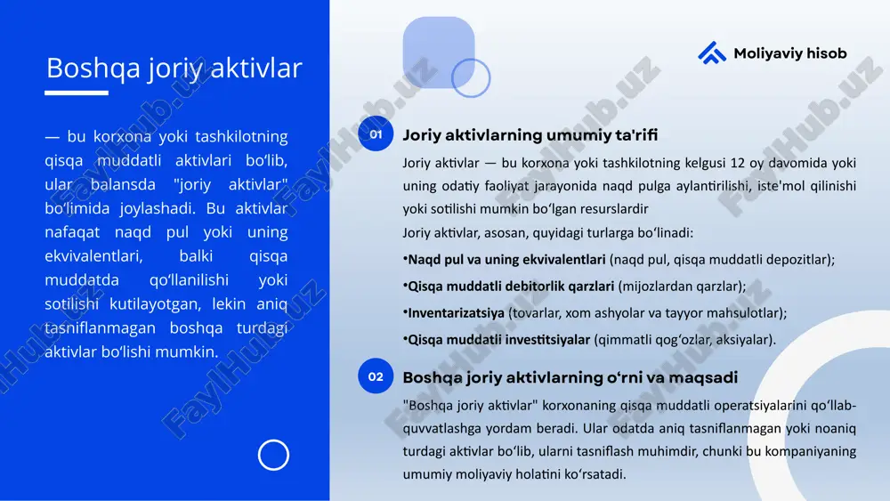 aktivning real qiymatini va yuzaga kelgan o‘zgarishlarni tahlil qiladi. boshqa joriy aktivlarni audit qilishda xarajatlar va daromadlar oqimi tahlil qilinadi. bu kompaniyaning moliyaviy holatidagi o‘zgarishlar va risklarni aniqlashga yordam beradi. aktivlarning boshqarilishi va ishlatilishini nazorat qilish uchun ichki audit va tahlil mexanizmlari ishlab chiqilishi zarur. bu kompaniyaning joriy aktivlarini samarali boshqarishni ta'minlashga yordam beradi. moliyaviy hisob likvidlikni saqlashboshqa joriy aktivlar likvidlikni ta'minlashda katta ahamiyatga ega. bu aktivlar, masalan, qisqa muddatli investitsiyalar, hisob-kitoblar, to'lovlar va boshqa tezda naqdga aylantirilishi mumkin bo'lgan aktivlar, korxonaga kundalik operatsiyalarni moliyalashtirish imkonini beradi. ularning ko'payishi korxonaning qisqa muddatli majburiyatlarini o'z vaqtida bajarish qobiliyatini oshiradi, shu bilan birga moliyaviy barqarorlikni saqlashga yordam beradi. in a world flooded with marketing noise, thynk unlimited stands out as a beacon of creativity and effectiveness. boshqa joriy aktivlarning qimmatli hujjatlar va qarzlar bilan aloqasi boshqa joriy aktivlar ko'pincha qimmatli hujjatlar yoki qisqa muddatli qarzlar bilan bog'liq bo'ladi. masalan, korxona qisqa muddatli …