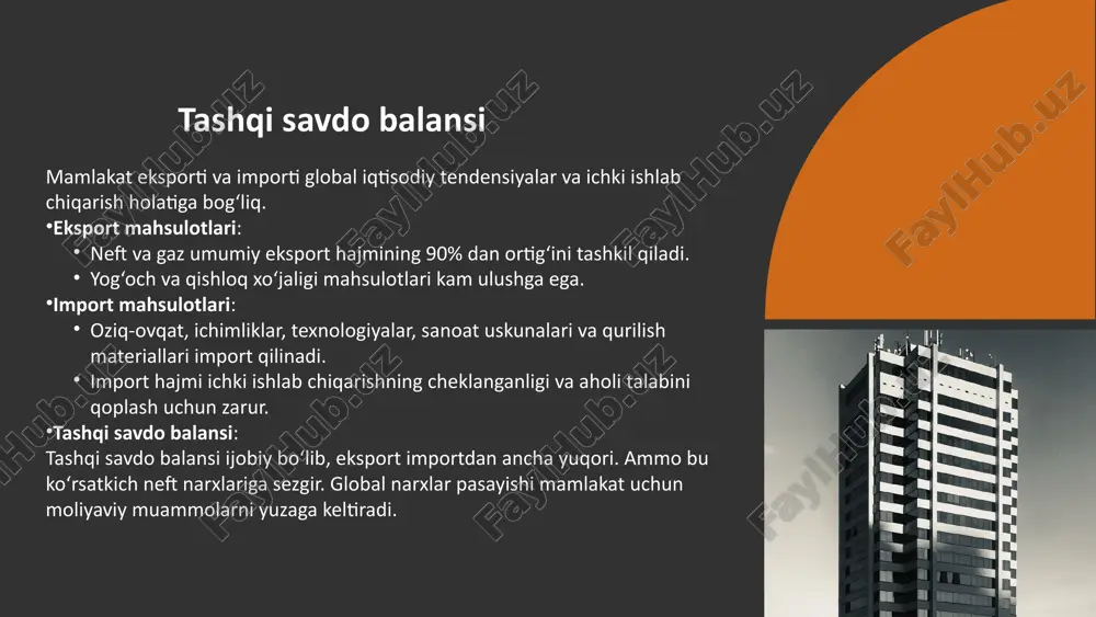 va raqamlashtirish raqamlashtirilgan tizimlar asycuda tizimi: jahon bojxona tashkiloti tomonidan tavsiya etilgan va avtomatlashtirilgan bojxona tizimi ekvatorial gvineyada keng qo‘llaniladi. bu tizim: import va eksportni tezroq rasmiylashtirishga yordam beradi. soliq va boj to‘lovlarining shaffofligini oshiradi. elektron platformalar onlayn to‘lov va rasmiylashtirish jarayonlari tadbirkorlar uchun osonlashtirilgan. yagona ma’lumot bazasi orqali tovarlarni kuzatish imkoniyati mavjud. avtomatlashtirilgan inspektsiyalar yuk tashish jarayonida avtomatlashtirilgan skanerlar va monitoring tizimlari ishlatiladi. afrika qit’asi erkin savdo zonasi): afrikaning boshqa davlatlari bilan iqtisodiy aloqalarni rivojlantirishda hamkorlik qilinadi. jahon bojxona tashkiloti (wco) wco bilan hamkorlik ekvatorial gvineya bojxona tizimini xalqaro standartlarga moslashtirishni ta’minlaydi. tashkilotning xavfsizlik va raqamlashtirish tashabbuslari qo‘llab-quvvatlanadi. mintaqaviy va xalqaro bojxona hamkorliklari savdo-sotiq hajmi va tarkibi hozirgi holat: o‘zbekiston va ekvatorial gvineya o‘rtasidagi savdo aylanmasi hozirda minimal darajada, chunki davlatlar o‘rtasida yaqin iqtisodiy aloqalar hali yo‘lga qo‘yilmagan. bu savdo-sotiq hajmini oshirish uchun ikki tomonlama qiziqish va imkoniyatlarni aniqlash muhim. asosiy eksport mahsulotlari: o‘zbekiston tomoni: tekstil mahsulotlari: paxta va …