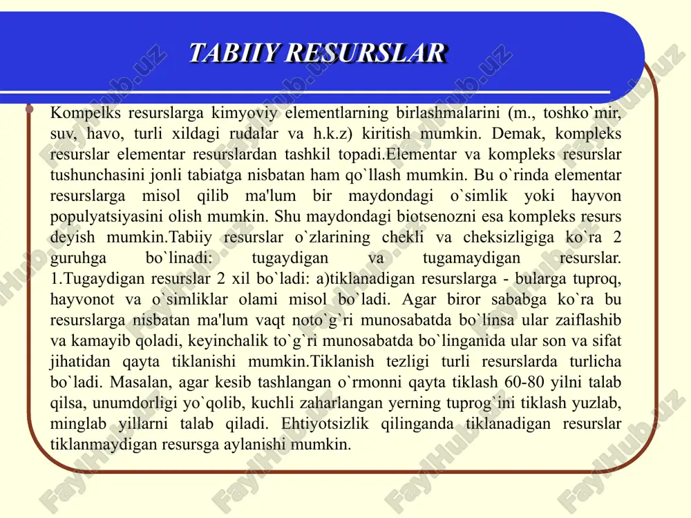 ma'lum maydonda rudali ma'danlarning ko`plab olinishi o`sha joyning relfi va boshqa tabiiy holatlariga ta'sir qiladi, natijada bu joylarning o`simlik va hayvon dunyosi o`zgarib ketadi; elementar resurs hisoblangan azotning havodan ko`plab so`rib olinishi uning o`rnini boshqa gazlar egallashiga olib keladi va h.k.z. tabiiy resurslardan foydalanishning printsip va qoidalari e’tiboringiz uchun rahmat image3.png image4.png image5.jpg image6.png image7.png image8.jpg image9.jpg image10.png image11.jpg image12.png image13.png image14.jpg