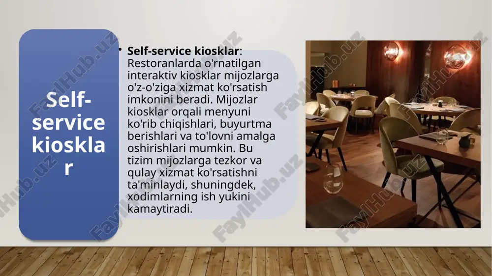lama va marketing c) moliyaviy rejalashtirish d) kadrlar tayyorlash 4. oshxona mahsulotlarining barqaror sifatini ta’minlash uchun qaysi jarayon muhim omil hisoblanadi? a) inventarizatsiya va standartlashtirish b) marketing kampaniyalari c) moliyaviy nazorat d) xodimlarni rag‘batlantirish 5. restoran xizmatlarida texnologik jarayonlarni optimallashtirish orqali qanday natijalarga erishish mumkin? a) jarayonlarni avtomatlashtirish va operatsion samaradorlikni oshirish b) xodimlar sonini keskin kamaytirish c) faqat reklama xarajatlarini oshirish d) mijozlar sonini kamaytirish e’tiboringiz uchun rahmat image2.png image3.png image4.png image5.png image6.png image7.png image8.jpeg image9.png image10.png image11.png image12.png image1.jpg /docprops/thumbnail.jpeg