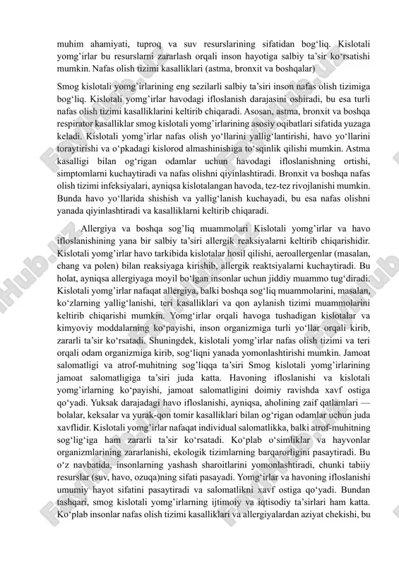 ozuqa moddalari, masalan, kalsiy, magniy va fosfor miqdori kamayadi. bunday o‘zgarishlar o‘simliklarning ildiz tizimini zararlaydi, bu esa o‘sish jarayonlarini sekinlashtiradi va o‘simliklar organizmining mustahkamligini kamaytiradi. o‘simliklar kuchli kislotalarga bardosh bera olmasdan quriydi, unumdorlik pasayadi, bu esa qishloq xo‘jaligi va o‘rmon resurslariga salbiy ta’sir ko‘rsatadi. shuningdek, tuproq kislotalashuvi o‘simliklarning turli xil zararkunandalarga qarshi chidamliligini kamaytiradi. bu jarayon, o‘z navbatida, ekosistemalarda o‘sish sur’atining sekinlashishiga olib keladi. tuproqdagi ph darajasi 5.5 dan pastga tushganda, o‘simliklarning ko‘payishi sekinlashadi va bu qishloq xo‘jaligi ekotizimlari uchun katta xavf tug‘diradi.nsuv resurslarining zararlanishi va suv ekosistemalariga ta’sir.kislotali yomg’irlar suv havzalariga tushganda, ularning ph darajasi pasayadi. bu, ayniqsa, daryo, ko‘l va dengizlarda ekologik muvozanatni buzadi. suvning kislotalanishi, eng avvalo, suv ekosistemalariga ta’sir qiladi. suvdagi ph darajasi pasaygan sari, baliqlar va boshqa suv organizmlarining yashash sharoitlari yomonlashadi. masalan, baliqlarning nafas olish tizimi buziladi, ularning ko‘payishi va rivojlanishi qiyinlashadi. kislotalangan suvda yashovchi boshqa organizmlar, masalan, yassi ilonlar va suv o‘simliklari ham …