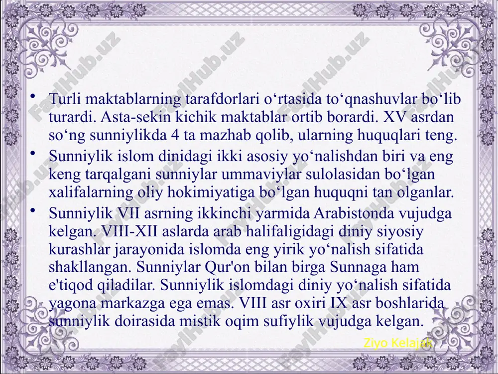 i bo‘lgan shialar ichidan zayd o‘z tarafdorlarini to‘plab, ummaviylar hokimiyatiga qarshi 739 yilda isyon ko‘targan, 740 yili halifa hishom (724-743) ko‘shinlari bilan bo‘lgan jangda halok bo‘lgan. uning tarafdorlari keyin ham oliy hokimiyatni ali avlodiga berishni talab qilib, halifalar hokimiyatiga qarshi ko‘p marta isyon ko‘targanlar. z. zaydni so‘nggi 5-imom hisoblab, undan keyingi shia imomlarini tan olmaydilar. ular o‘z aqidalari va marosimlari jihatidan shialar va sunniylar o‘rtasida turib, har ikkala oqimga nisbatan murosasozlik yulini tutadilar. zaydiylar yashiringan imom mahdiyga ishonmasliklari, alidan ilgarigi uch halifa (abu bakr, umar, usmon)ni la'natlamasliklari, taqiyya printsipini va mut'a (yoki siga) nikohini inkor etishlari bilan shialardan, avliyolar va mozorlarga sig‘inishni hamda darvishlik va zohidlikni inkor etishlari bilan sunniylardan ajralib turadilar. o‘z aqidalarida mu'taziliylardan iroda erkinligi va qur'onni olloh yaratganligi, xorijiylardan esa diniy e'tiqodni amaliy faoliyat bilan mustahkamlash printsiplarini qabul qilib olganlar. hozir zaydiylarning ko‘p qismi shimoliy yamanda yashaydi va aholining yarmidan ko‘pini tashkil qiladi. zaydiylar yaman xalq demokratik …