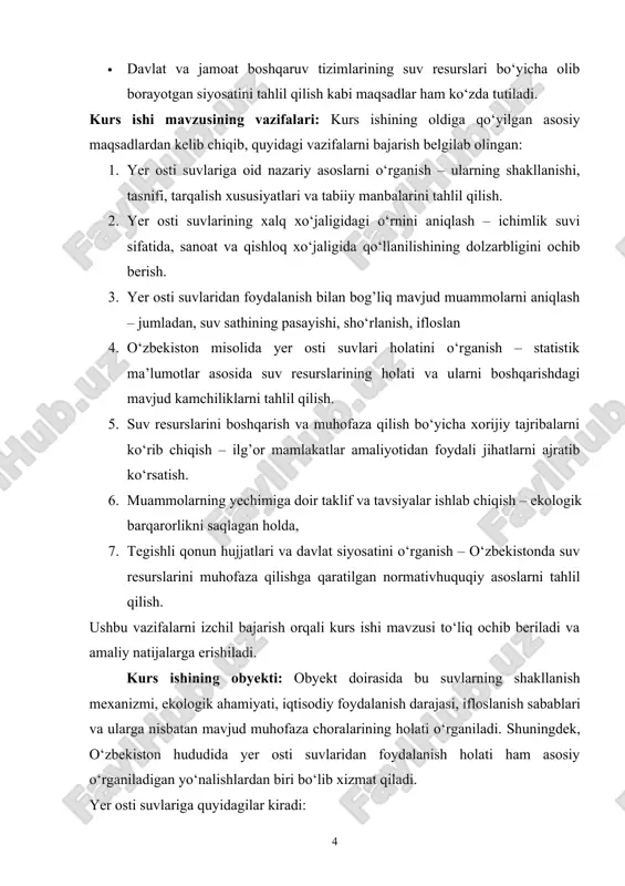 amiyatiga ham alohida e’tibor qaratiladi, chunki ular ko‘plab sanoat tarmoqlari, qishloq xo‘jaligi va ichimlik suvi ta’minoti uchun zarur resurslardir. i.bob.adabiyotlar tahlili yer osti suvlari bo‘yicha olib borilgan ilmiy izlanishlar, normativ-huquqiy hujjatlar va mutaxassislarning tadqiqotlari shuni ko‘rsatadiki, bu tabiiy resurslar insoniyat hayoti, ekologik barqarorlik va iqtisodiy taraqqiyotda alohida o‘rin egallaydi. o‘zbekiston respublikasining “suv kodeksi” (1993 yil)da yer osti suvlarining muhofazasi, ulardan foydalanish va nazorat qilish tartiblari belgilangan. shuningdek, 2000 yilda qabul qilingan “ekologik xavfsizlik to‘g‘risida”gi qonun ham suv resurslarining ifloslanishiga qarshi huquqiy asos vazifasini o‘taydi. davlat ekologik siyosatining amaliy yo‘nalishlarini belgilab beruvchi yana bir muhim hujjat — 2020 yil 7 sentyabrdagi 541-sonli qaror bilan tasdiqlangan “davlat ekologik ekspertizasi to‘g‘risida”gi nizom bo‘lib, unda yer osti resurslaridan foydalanishda ekologik baholash va ekspertizalarning ahamiyati ko‘rsatib o‘tilgan. professorlar i.hamdamov, z.boborauradov va e.hamdamovalarning 2009 yilda chop etilgan “ekologiya” kitobida yer osti suvlarining tabiiy shakllanishi, ularning jamiyat va iqtisodiyotdagi o‘rni, shuningdek, resurslarning tiklanish xususiyatlari keng yoritilgan. unda …