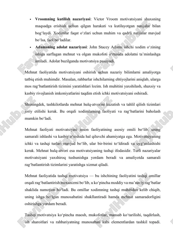 xodimning faoliyatini aniq ko‘rsatkichlar asosida baholashga, mehnat jarayoniga aniq maqsadlar qo‘yishga imkon beradi. tashqi motivatsiyaning asosiy afzalligi — u tezkor va oson ko‘rinadigan natijalar beradi, ammo uning samaradorligi ko‘pincha qisqa muddatli bo‘lishi mumkin. eng keng tarqalgan va samarali tashqi motivatsiya vositasi — bu moliyaviy rag‘batlar. · maosh: ishchining asosiy mehnat haqi uning mehnat faoliyatiga bo‘lgan munosabatini shakllantiruvchi eng muhim tashqi omildir. adolatli va raqobatbardosh maosh xodimni ishga sodiq qolishga undaydi. · bonuslar va mukofotlar: mehnat samaradorligini oshirish uchun bonus tizimlari keng qo‘llaniladi. masalan, yillik mukofotlar, yuqori ko‘rsatkichlar uchun qo‘shimcha to‘lovlar yoki har xil moddiy sovg‘alar. · qo‘shimcha imtiyozlar: tibbiy sug‘urta, transport xarajatlarini qoplash, ovqatlanish uchun kompensatsiya kabi qo‘shimcha moddiy imtiyozlar xodimlarni rag‘batlantirishda muhim rol o‘ynaydi. moliyaviy rag‘batlar xodimlarning moddiy ehtiyojlarini qondirish bilan birga, ularni tashkilotga sodiq qilish, raqobatda ustunlikka erishish uchun asos bo‘ladi. biroq faqat moliyaviy rag‘batlar bilan cheklanish motivatsiyaning barqarorligini ta’minlamasligi mumkin, chunki insonning boshqa ehtiyojlari ham mavjud. moliyaviy …