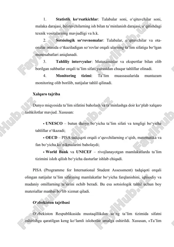 lozim bo‘lgan muhim ijtimoiy hodisadir. uning sifatli tashkil etilishi orqali jamiyatda adolat, tenglik, ijtimoiy harakatchanlik va taraqqiyotga zamin yaratiladi. shuning uchun ham, ta’lim sifatini oshirish masalasi sotsiologik jihatdan chuqur tahlil qilinishi, mavjud ijtimoiy va madaniy omillar hisobga olingan holda strategiyalar ishlab chiqilishi zarur. faqat shu tarzdagina ta’lim haqiqiy ijtimoiy taraqqiyot omiliga aylanishi mumkin. bugungi globallashuv jarayonida har bir davlat o‘zining iqtisodiy, siyosiy va madaniy taraqqiyotini ta’lim tizimi orqali mustahkamlashga harakat qilmoqda. ta’lim sifati esa shu tizimning asosiy mezonlaridan biri sifatida qaraladi. shu bois, ta’lim sifati bilan bog‘liq muammolarni aniqlash, ularni sotsiologik nuqtai nazardan tahlil qilish zamonaviy ilm-fan oldida turgan dolzarb masalalardan biridir. bu jarayonda sotsiologiya fani ta’lim tizimining ijtimoiy kontekstda qanday faoliyat yuritayotganini, ijtimoiy institutlar bilan qanday o‘zaro ta’sirda bo‘lishini, shuningdek, fuqarolarning ta’limga nisbatan munosabatini o‘rganishga xizmat qiladi. ta’lim sifati bilan bog‘liq muammolar ta’lim sifati deganda nafaqat o‘quv dasturlarining zamonaviyligi, balki ta’lim mazmuni, uslubi, metodikasi, o‘qituvchilar malakasi, moddiy-texnik baza, o‘quvchilarning …