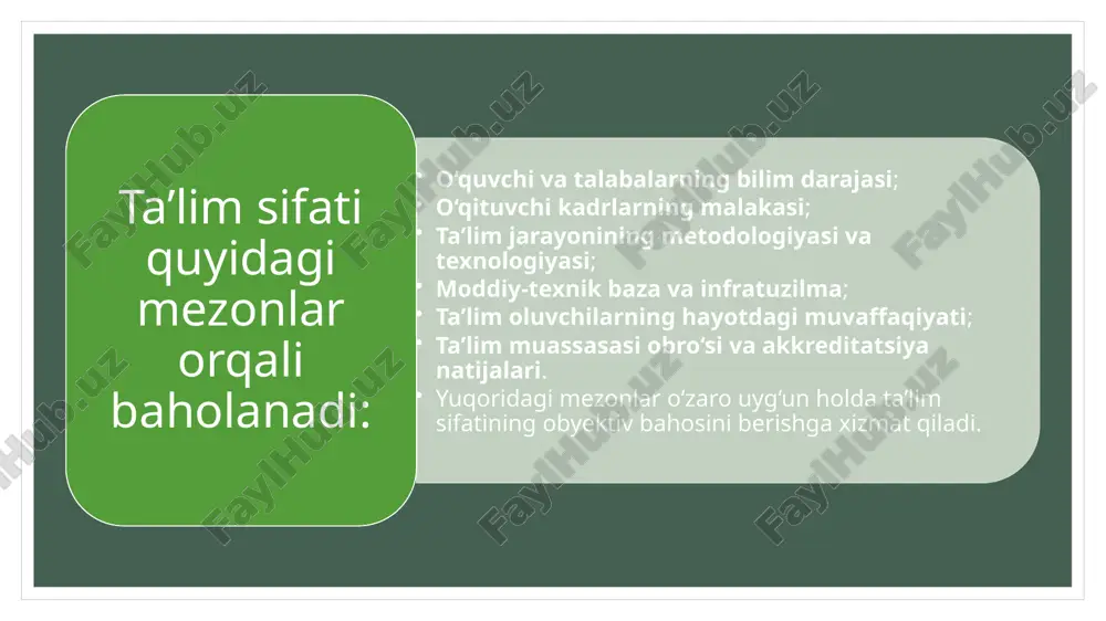 ish sotsiologik yondashuv asosida ta’lim sifatini oshirishga qaratilgan quyidagi takliflarni ilgari surish mumkin: sotsiologik tadqiqotlar institutsional asosda amalga oshirilishi – har bir yirik oliygoh va vazirlik qoshida mustaqil sotsiologik tahlil markazlarini tashkil etish lozim. davriy monitoring tizimini yo‘lga qo‘yish – har yili yoki har semestrda talabalar, o‘qituvchilar, ota-onalar o‘rtasida so‘rovnomalar o‘tkazilib, ta’lim sifatiga baho berilishi zarur. mahalliy va xalqaro tajriba almashinuvi – xorijdagi ilg‘or tajribalar sotsiologik nuqtai nazardan o‘rganilib, milliy ta’lim tizimiga tatbiq etilishi kerak. sotsiologik yondashuvning ijtimoiy ta’siri ta’lim tizimida sotsiologik yondashuvni kuchaytirish quyidagi ijobiy natijalarga olib keladi: ta’lim muassasalarining jamoatchilik oldida hisobdorligi oshadi; ta’lim sifatiga bo‘lgan ishonch ortadi; ochiqlik va shaffoflik tamoyillari mustahkamlanadi; muammolarning yechimi ommaviy fikr asosida belgilanadi; talabalar va o‘qituvchilar o‘z fikrlarini bemalol ifoda eta oladi; ota-onalar ta’lim jarayonida faol ishtirok eta boshlaydi. e’tiboringiz uchun rahmat image2.bmp image3.jpeg image4.jpeg image5.jpeg image6.jpeg /docprops/thumbnail.jpeg