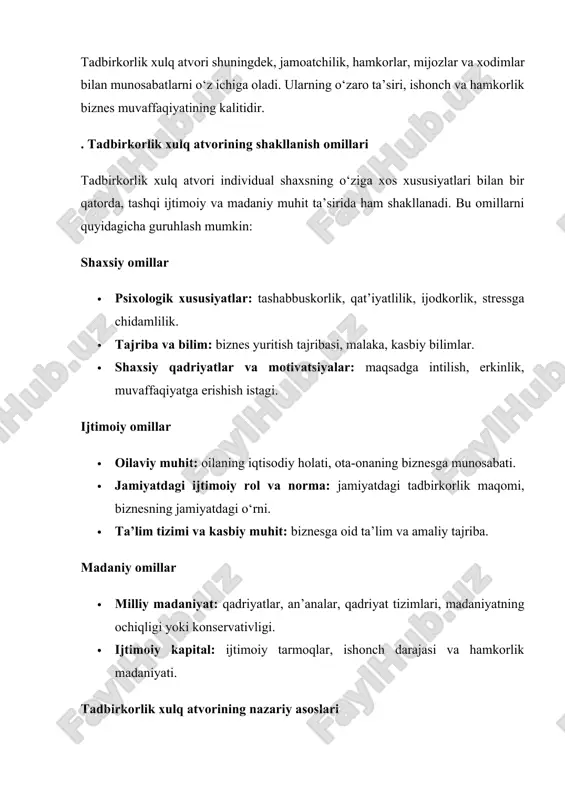 yda keyingi o‘rinda. sotsiomadaniy model · tadbirkorlik xulq atvori ijtimoiy va madaniy muhitning ta’sirida shakllanadi. · bu model shaxsning individual xususiyatlari bilan birga, uning ijtimoiy aloqalari, qadriyatlari va madaniyatini hisobga oladi. tadbirkorlik xulq atvori vaqt o‘tishi bilan o‘zgarib boradi va quyidagi bosqichlarni o‘z ichiga oladi: · boshlang‘ich bosqich: biznesni yaratish uchun tashabbuskorlik va sarmoya izlash. · o‘sish bosqichi: bozorda o‘z o‘rnini topish, resurslarni kengaytirish. · barqarorlik bosqichi: mahsulot va xizmatlarning sifatini oshirish, yangi bozorlar kashf etish. · yangi davrga moslashish: innovatsiyalarni joriy qilish va ijtimoiy mas’uliyatni kuchaytirish. tadbirkorlik xulq atvori turli sohalarda turlicha namoyon bo‘ladi. masalan: · texnologiya sohasidagi tadbirkorlar odatda yuqori riskni qabul qiluvchi, innovatsion yondashuvga ega shaxslardir. · chakana savdo sohasida esa mijoz bilan yaxshi munosabat, qat’iy me’yorlarga rioya qilish muhim ahamiyatga ega. · ijtimoiy tadbirkorlikda esa insonparvarlik, jamiyatga xizmat qilish xulq-atvori oldingi o‘rinda. tadbirkorlik xulq atvori — bu murakkab, ko‘p o‘lchamli va ko‘p omilli jarayon bo‘lib, u …