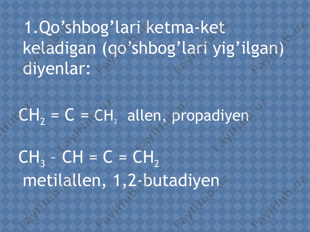 =ch –ch 3 ch 2 = ch –ch = ch 2 + h 2 1,2-birikish 1,4-birikish ch 3 –ch 2 –ch = ch 2 ch 3 –ch =ch –ch 3 ch 2 = ch – ch = ch 2 ch 2 = ch – ch = ch 2 cl 2 cl 2 ch 2 = ch – ch = ch 2 ch 2 = ch – ch = ch 2 cl 2 cl 2 ch 2 = ch – ch = ch 2 1 ,2 - birikish 1 ,4 - birikish ch 3 – chcl – ch = ch 2 ch 3 – ch = ch – ch 2 cl hcl ch 2 = ch – ch = ch 2 1 ,2 - birikish 1 ,4 - birikish ch 3 – chcl – ch = ch 2 ch 3 – ch = ch – ch 2 cl hcl /docprops/thumbnail.jpeg