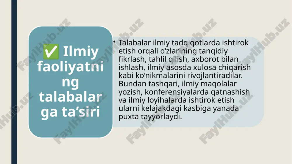 r bir bosqichda muammoga o‘z qarashlarini bildiradi. amaliy misollar masalan, o‘zbekiston milliy universiteti, toshkent davlat iqtisodiyot universiteti, toshkent davlat texnika universiteti kabi nufuzli oliygohlarda har yili “yosh olimlar” anjumanlari o‘tkaziladi. bu anjumanlarda talabalar o‘z ilmiy ishlari bilan qatnashib, g‘olib bo‘lganlar diplom va sertifikatlar bilan taqdirlanadi. talabalar tomonidan ishlab chiqilgan ayrim startap loyihalar esa bugungi kunda kichik biznes sifatida faoliyat yuritmoqda. e’tiboringiz uchun rahmat image1.jpeg image2.jpeg image3.jpeg image4.jpeg /docprops/thumbnail.jpeg