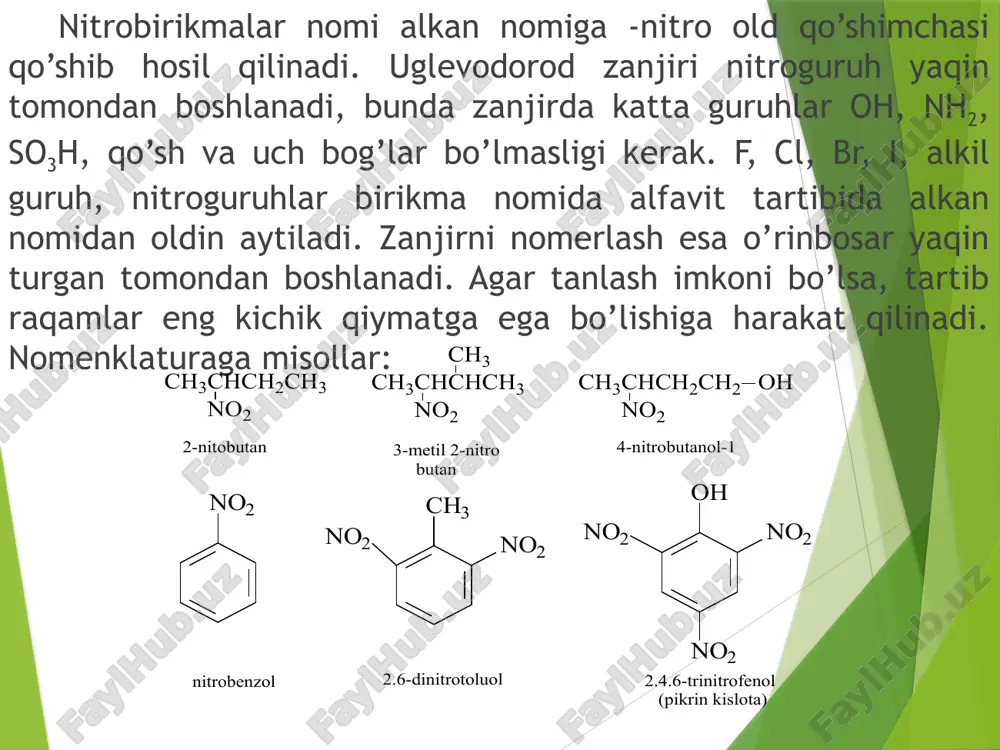 d). nitroalkanlarning qutbligi yuqori bo’lishiga sabab nitroguruhni elektron tuzilishiga bog’liq bo’ladi. nitroguruh semipolyar bog’ tutadi. semipolyar bog’ni hosil bo’lishini nitrozobirikmani oksidlanishi misolida ko’rsatish mumkin: natijada azot atomi musbat, kislorod atomi esa manfiy zaryadga ega bo’ladi. semipolyar bog’da atomlar orasida ikkinchi bog’lovchi orbital hosil bo’lmaydi, chunki azot atomi energetik mos to’lmagan orbitalga ega emas. bog’ni sulfon kislotalar, sulfonlar va sulfoksidlardagi bo’sh d-orbital tutgan oltingugurtli bog’dan farqi shunda. nitroguruh eng oddiy π-elektronli tutash sistema bo’lib, unda nq kislorod atomlaridan bittasi sp2-gibridlangan holatda bo’ladi. ikkinchi kislorod atomi taqsimlanmagan elektron juftini beradi. shunday qilib 4 π-elektronli tutash sistema hosil bo’ladi va n - o ning ikkala bog’i to’g’rilanadi, kislorod atomlari esa tenglashadi. buni turli usullar bilan ifodalash mumkin: n-o bog’ni to’g’rilanishi rentgenostruktur analiz bilan isbotlangan. nitroguruhdagi n - o bog’ining uzunligi gidroksilamin va n-oksidlardagni n - o bog’i uzunligidan (0,136 nm)qisqa, ammo nitrozoguru?ning nqo bog’idan (0,115 nm) uzun. nitroguruh elektronga moyilligi yuqori bo’lgan atomlar …