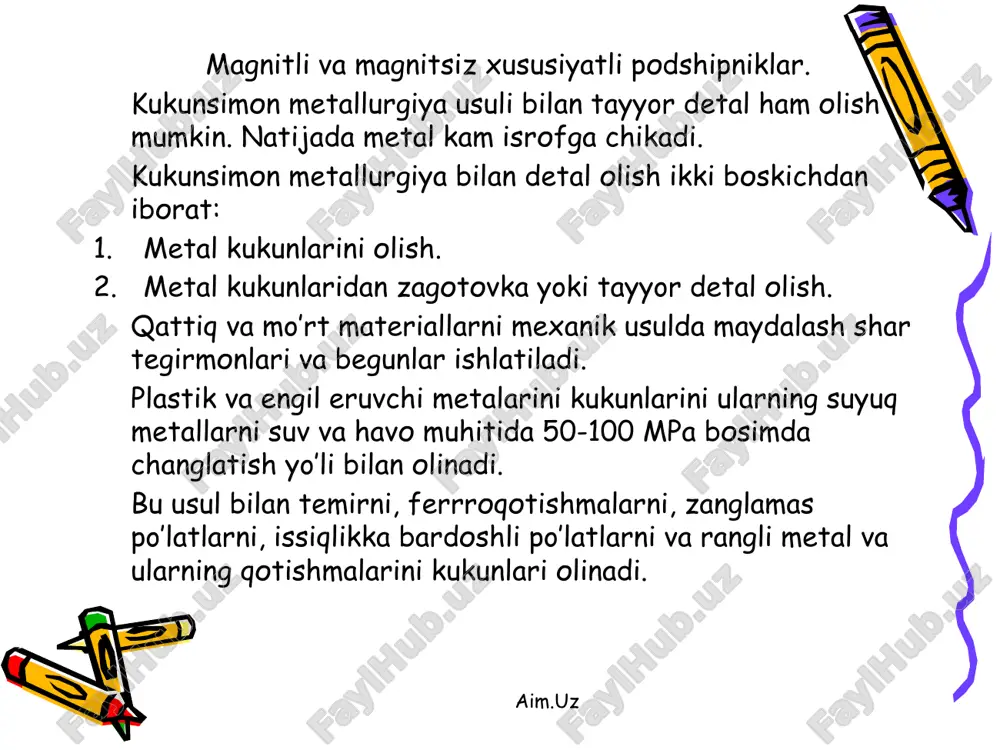. shunga ko’ra bu usul ko’plab ishlab chiqarish korxonalarida keng ishlatiladi. aim.uz nazorat uchun savollar. kukunsimon metallurgiyaga harakteristka bering. metal kukunlarini olish usullari. metal kukunlarini xossalari. metal kukunlariga shakl berish. zagotovkani pishirish. aim.uz audio1.wav image1.wmf oleobject1.bin image2.wmf oleobject2.bin image3.wmf oleobject3.bin image4.wmf oleobject4.bin image5.wmf oleobject5.bin image6.wmf oleobject6.bin image7.wmf oleobject7.bin image8.wmf oleobject8.bin image9.wmf oleobject9.bin image10.wmf image11.wmf oleobject10.bin oleobject11.bin 500 mk 400 mk 300 mk 200 mk 100 mk 500 mk 400 mk 300 mk 200 mk 100 mk bunker i ii komponentlar tuldiruvchilar bunker i ii komponentlar tuldiruvchilar 1 2 3 4 5 6 1 2 3 4 5 6 suv gaz 1 2 3 4 suv gaz 1 2 3 4 r 4 1 3 2 r 4 1 3 2 r 4 3 2 r r 4 3 2 r 1 2 3 4 1 2 3 4 p puanson matritsa buyum p puanson matritsa buyum bunker kukun juvalar buyum …