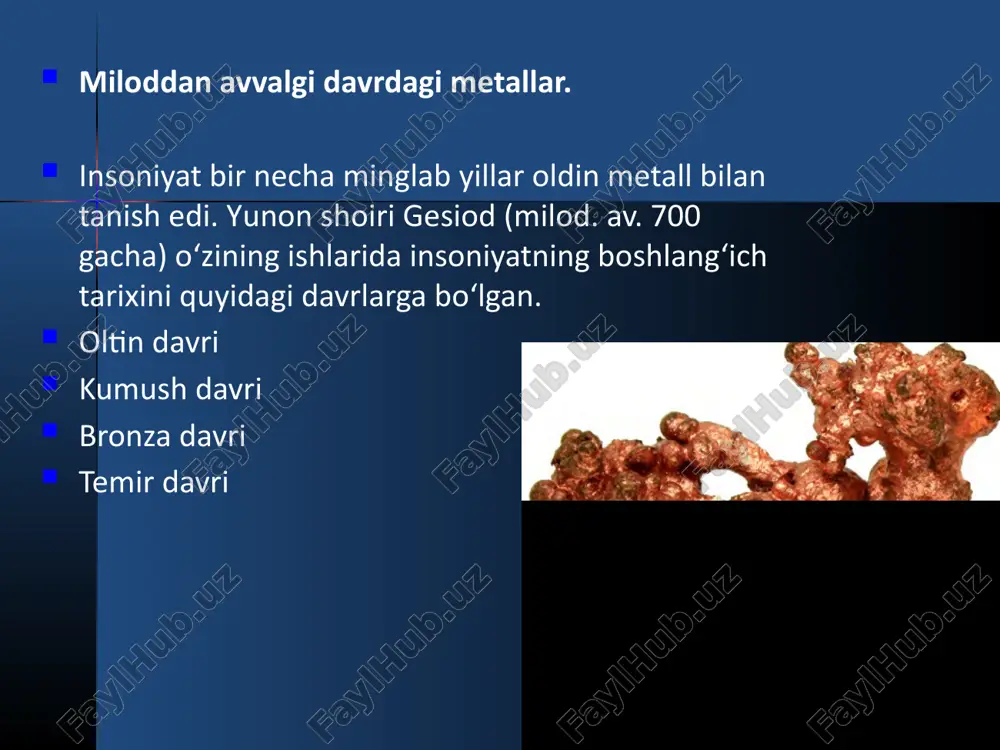 umda kuydirish. kuydirilgan rudani yeritish pechida yeritib, shlak va shteyn olish. birlamchi shteynni uyimda kuydirish. sinflangan shteynni domna pechida yeritish. shteyn tarkibidagi barcha oltingugurtni tozalash. “xomaki mis” olgunga qadar shteynni yeritish. olovli tozalash pechida xomaki misni tozalash. etiboringiz uchun rahmat image1.png image2.png image3.jpeg image4.jpeg image5.jpeg image6.png image7.png /docprops/thumbnail.jpeg