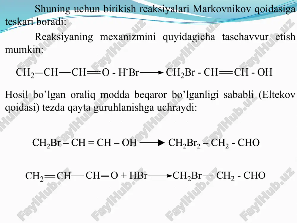 eaksiyaga kirisha oladilar. benzol aldegidiga sirka aldegidi bilan ta’sir ettirilganda dolchin aldegidi atseton bilan ta’sir etilganda benzol atseton va dibenzolatseton hosil bo’ladi. bu reaksiya klayzen reaksiyasi deyiladi: xuddi shuningdek, ular alkil aromatik ketonlar, murakkab efirlar bilan birikish reaksiyalariga kirisha oladilar: aromatik aldegidlar kislota angidridlari bilan reaksiyaga kirishib yon zanjirida to’yinmagan kislota qoldig’i tutgan aromatik kislotalarni hosil qiladilar (perkin reaksiyasi). 6. aromatik aldegidlar tuzilshida qo’zg’aluvchan vodorod atomlari bo’lgan molekulalar bilan o’zaro reaksiyaga kirisha oladilar. masalan, ularga fenollar bilan ta’sir etilganda trifenilmetan qator birikmalari hosil bo’ladi: 7. aromatik aldegidlar birlamchi aromatik aminlar bilan azometinlar (shiff asoslari) ni hosil qiladilar: 8. aromatik aldegidlar benzoin kondensatlanishiga kirisha oladilar. bu jarayonni rus olimi n.n. zinin kashf etgan bo’lib, jarayon sian ionlari ishtirokida boradi: hosil bo’lgan benzoin oson oksidlanib diketon-benzilni hosil qiladi. bu reaksiyani mexanizmini quydagicha ifodalash mumkin: 9. benzol aldegidga xlor bilan ta’sir etilganda benzoy kislotani xlor angidridi hosil bo’ladi: 10. karbanil guruhi ikkinchi tur …