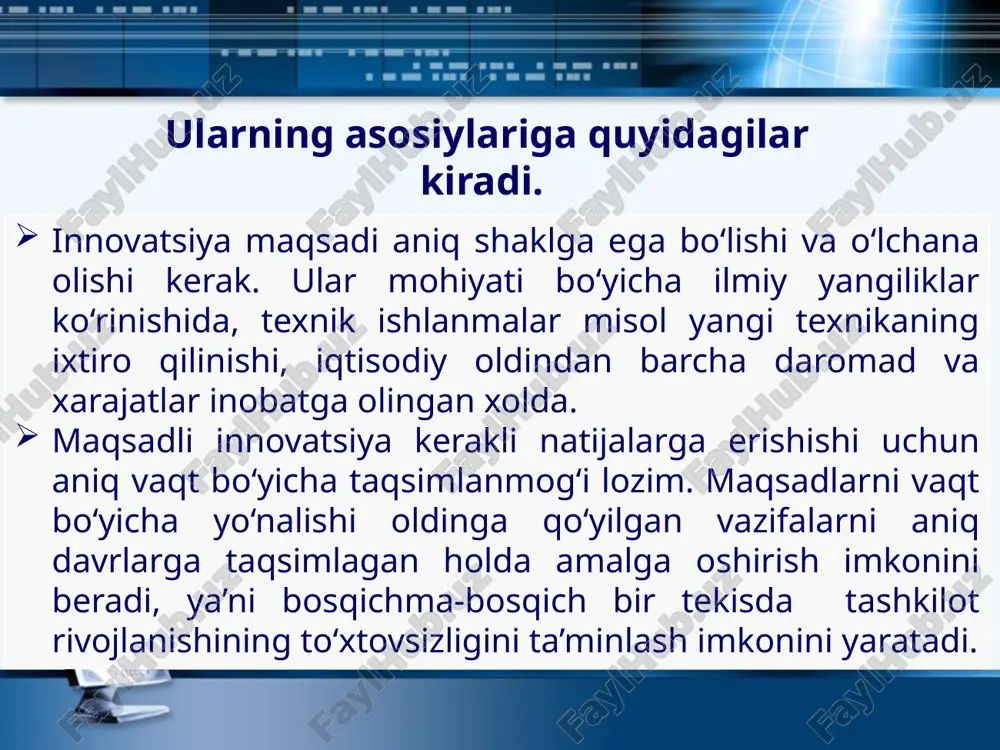 ulotni yaratishda yangi muammolar va yarim fabrikatlar, shuningdek, komplektlanadigan yangi xomashyolardan foydalanishni talab qiladi. texnologik parametrlarga jarayon yangilanishi: ishlab chiqarishning yangi texnalogiyalarini qo‘llash; yuqori darajadagi avtomatizatsiya; ishlab chiqarishning yangi metodlarini qo‘llash kiradi. innovatsiyasing klassifikatsiyasi tavsifli alomatlar innovatsiyaning guruhli tavsifi 1 innovatsiyani tadbiq etish sohalari boshqaruv, tashkilot, ijtimoiy sanoat 2 ilmiy texnik jarayoni (itj) bosqichlari ilmiy, texnik, texnologik, konstrtuktorlik, ishlab chiqaruvchi, informatsion 3 innovatsiyaning intensiv bosqichi “bun”, teng kuchsiz, to‘liq 4 innovatsiyaning amalga oshish tezligi tez, sekinlashtirilgan, kanalovchan, tarqoq, teng o‘lchovli, har tamonlama o‘zgarish 5 innovatsiya miqdori transkontenental, transmilliy, hududiy,yirik, o‘rta, kichik 6 innovatsiyaning natijaliligi baland, past, mustahkam 7 innovatsiya samaradorligi iqtisodiy, ijtimoiy, ekologik integral ilmiy texnik jarayon bosqichlari bo‘yicha innovatsiya o‘ziga xos xususiyatlarga ega: texnik mahsulotlarni ishlab chiqarishda rivojlangan usullardan foydalanish; tashkiliy boshqaruv xususiyati avvalo, ishlab chiqarish, transport va savdo, ta’limotda optimallikni tashkil etish bilan bog‘liq; informatsion xususiyat ilmiy texnik sohada innovatsion faoliyatda ratsional informatsiyani yuzaga keltirish bilan bog‘liq; ijtimoiy …