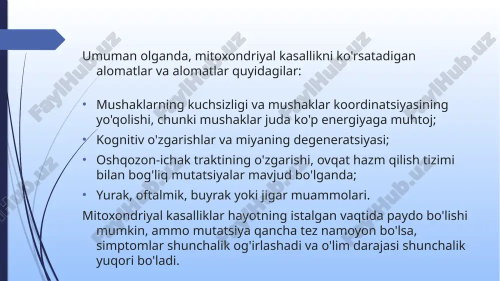 iyal kasallik uchun davolash yo'q. ba'zi qo'shimcha moddalar - tiamin ( b1 ), riboflavin (b12), s vitamini, e vitamini, lipo kislotasi va q10 koenzymi - kasallikning muayyan aspektlarini davolashda yordam beradi. stressning oldini olish simptomlarni kamaytirishga yordam beradi. tadqiqotchilar mitokondriyal kasallik bilan bog'liq laktik kislota birikmasini to'sib qo'yadigan dori-darmonlarni tekshirishmoqda. boshqalar mitoxondriyaning ish yukini kamaytirish uchun juda kam karbonhidratli parhezlar bilan harakat qilishadi. mitoxondrial disfunktsiyani boshqa kasalliklar bilan bog'lash tadqiqotchilar mitoxondrial kasalliklarni saraton, parkinson kasalligi , altsgeymer kasalliklari va yurak kasalliklari kabi boshqa shartlar bo'yicha o'rganishmoqda. mitoxondriyaning buzilishi barcha sharoitlar bilan bog'liq. mitokondriyal shikastlanishning bir umri keksayish jarayonining bir qismi bo'lishi mumkin. e’tiboringiz uchun raxmat. image1.jpeg image2.jpeg image3.jpeg image4.jpeg /docprops/thumbnail.jpeg