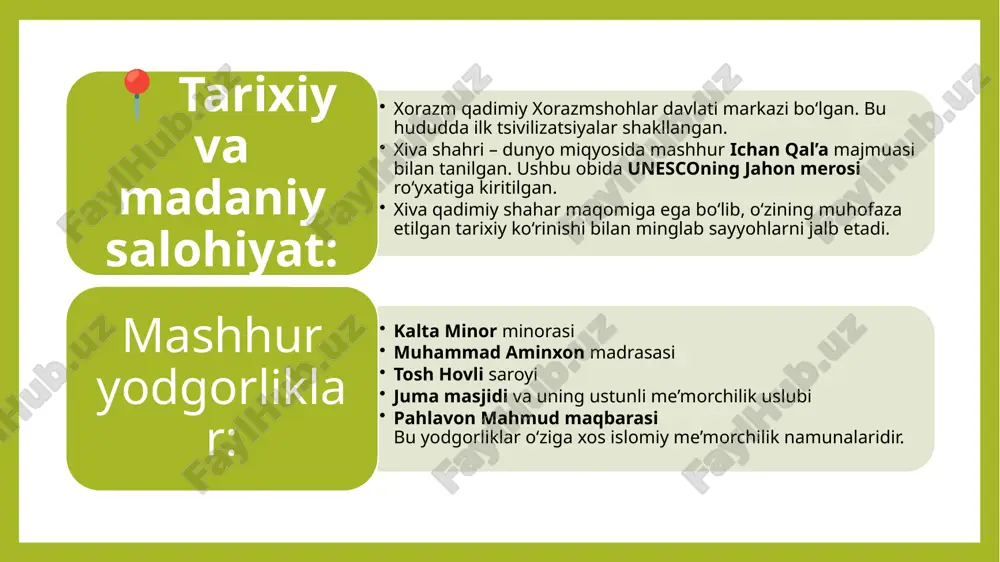 a xizmat ko‘rsatuvchilar yetishmovchiligi ✅ mahalliy aholi mehmondo‘stligi va milliy urf-odatlarga sodiqligi ❌ brendlashtirish, marketing va onlayn targ‘ibot darajasining pastligi ✅ viloyatda ko‘plab mehmonxonalar, oilaviy mehmon uylari mavjudligi ❌ yilning faqat ayrim fasllarida (aprel-iyun, sentabr-oktyabr) faol turistik oqim, qolgan davrda pasayish ✅ milliy taomlar, o‘ziga xos gastronomik turizm imkoniyatlari ❌ ekoturizm, ekstremal va sog‘lomlashtirish yo‘nalishlarining kam rivojlanganligi o – imkoniyatlar (opportunities) t – tahdidlar (threats) 🌍 xalqaro ko‘rgazmalar, forumlar orqali xorijiy turistlarni jalb etish imkoniyatlari 🌪 mintaqadagi iqlim sharoiti (issiq yoz, sovuq qish) turistlar soniga salbiy ta’sir qilishi 📱 raqamli xizmatlar va mobil ilovalar orqali xizmat ko‘rsatishni kengaytirish 🛑 mintaqadagi tabiiy resurslar (ichimlik suvi, elektr) yetishmovchiligi ayrim joylarda xizmat sifatiga ta’sir qiladi 💼 turizmni rivojlantirishga doir davlat dasturlari va subsidiyalar 💸 mahalliy valyutaning kursi va iqtisodiy beqarorlik investorlarni chekinishga undashi mumkin ✈️ xiva shahrida xalqaro aeroport faoliyatining bosqichma-bosqich rivojlanishi 🔒 global tahdidlar – pandemiya, urushlar, xavfsizlik bilan bog‘liq masalalar 👨‍🏫 …
