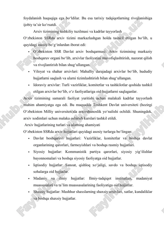 atlar. · madaniy va ilmiy hujjatlar: ilmiy-tadqiqot institutlari, madaniyat muassasalari va ta’lim muassasalarining faoliyatiga oid hujjatlar. · shaxsiy hujjatlar: mashhur shaxslarning shaxsiy arxivlari, xatlar, kundaliklar va boshqa shaxsiy hujjatlar. bu hujjatlar o‘zbekiston tarixini o‘rganishda muhim manba bo‘lib xizmat qiladi. ular orqali siyosiy, iqtisodiy, madaniy va ijtimoiy sohalardagi o‘zgarishlarni tahlil qilish mumkin. 1941–1990 yillar oralig‘ida o‘zbekiston ssrda arxiv tizimi turli bosqichlarni boshdan kechirdi. urush yillarida arxivlar xavfsizligini ta’minlash, urushdan keyin esa tizimni tiklash va rivojlantirish ishlari amalga oshirildi. xrushchyov davrida siyosiy erkinliklar arxiv siyosatiga ijobiy ta’sir ko‘rsatdi, brejnev davrida esa mafkuraviy nazorat kuchaydi. gorbachyov davrida esa arxivlarning ochiqligi ta’minlandi. arxiv hujjatlarining asosiy turlari va ularning mohiyati sovet davri arxiv hujjatlari turli darajadagi davlat organlari va idoralari faoliyatidan kelib chiqib toifalangan. ular quyidagi asosiy guruhlarga bo‘linadi: 1. davlat boshqaruvi hujjatlari · qarorlar, farmonlar, nizomlar (oliy sovet, vazirlar soveti, vazirliklar); · statistik va rejalashtirish materiallari (besh yillik rejalar, hisob-ko‘rsatkichlar) 2. partiya hujjatlari · …