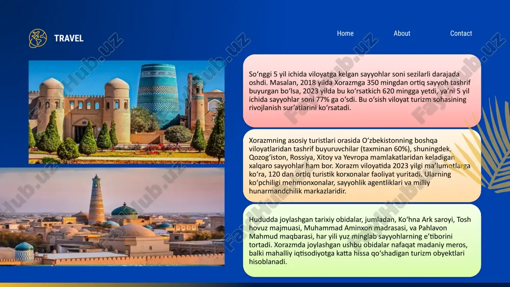 ar – qishloq xo‘jaligi, oziq-ovqat sanoati, hunarmandchilik va transport tarmoqlari faoliyatini ham qo‘llab-quvvatlaydi. travel home about contact xorazmda turizm sohasida ish bilan band bo‘lganlarning soni 2023-yilga kelib 12 ming kishini tashkil etdi. bu esa viloyatdagi umumiy bandlik darajasining 5% dan ortig‘ini tashkil qiladi. turistik korxonalar nafaqat to‘g‘ridan-to‘g‘ri ish o‘rinlari yaratmoqda, balki bilvosita ish o‘rinlari ham paydo bo‘lishiga xizmat qilmoqda. shuningdek, turizm sohasidan tushgan soliq tushumlari ham viloyat byudjetiga sezilarli darajada hissa qo‘shmoqda. 2023-yilda faqat turizm faoliyatidan 300 milliard so‘mdan ortiq soliq tushumi yig‘ilgan, bu esa 2018-yildagi ko‘rsatkichdan 2 baravar ko‘pdir. xorazm viloyati hukumati turizm korxonalarini qo‘llab-quvvatlash uchun imtiyozli kreditlar, investitsiya dasturlari va boshqa rag‘batlantiruvchi chora-tadbirlarni amalga oshirib kelmoqda. bu esa korxonalar faoliyatini kengaytirishga va yangi ish o‘rinlari yaratishga imkon bermoqda. home about contact xorazm turistik salohiyatining swot tahlili kuchli tomonlar (strengths) zaif tomonlar (weaknesses) - boy tarixiy va madaniy meros (ichan-qal’a, ko‘hna ark, pahlavon mahmud maqbarasi) - turizm infratuzilmasining ayrim …