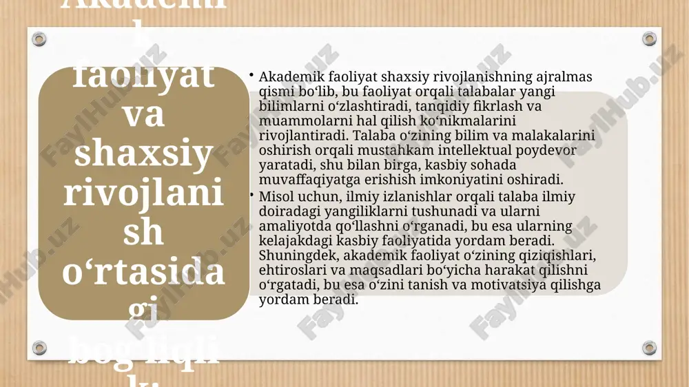 gilangan vazifalar bo‘yicha ish olib borish, kechikmaslik va vaqtni isrof qilmaslik tamoyillari muhim ahamiyatga ega. maqsadga yo‘naltirilgan yondashuv: talaba o‘z maqsadlariga erishish uchun aniq reja tuzib, shu asosida harakat qilish zarur. maqsadlar aniq va o‘lchovli bo‘lishi kerak. shuningdek, o‘z maqsadlarini qisqa va uzoq muddatli deb ajratib ko‘rish ham foydali. motivatsiya va o‘zini motivatsiya qilish: shaxsiy akademik faoliyatni samarali boshqarish uchun talabalar o‘zlarini motivatsiya qilishni o‘rganishlari kerak. bu, ularni maqsadlariga erishish yo‘lida davom etishga undaydi. o‘zini motivatsiya qilish ko‘nikmasi esa kasbiy faoliyatda ham muvaffaqiyatga olib keladi. shaxsiy akademik rivojlanishning uzluksizligi shaxsiy akademik faoliyatni samarali boshqarish va natijalarni baholash shaxsiy rivojlanishning uzluksiz jarayoni bo‘lib, talaba o‘zini doimiy ravishda takomillashtirishga intiladi. har bir muvaffaqiyatli natija yangi maqsadlarni shakllantiradi va talaba o‘z faoliyatini yanada mukammallashtiradi. akademik faoliyatni boshqarish va natijalarni baholash jarayonlari talabaning muvaffaqiyatli o‘quv jarayonini, ilmiy izlanishlarni amalga oshirishini va kelajakdagi kasbiy faoliyatini shakllantiradi. bu jarayonlar, o‘z navbatida, talabaning shaxsiy va professional rivojlanishiga …