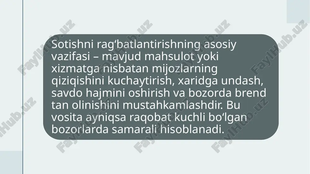 oldi savdolarida sezilarli o‘sishni ta’minlaydi. masalan, "navro‘z", "mustaqillik kuni", "yangi yil" kabi bayramlarda chegirmalar xaridlar sonini ko‘paytiradi. 14 o‘zbekiston bozorida internet va ijtimoiy tarmoqlarning rivojlanishi sotishni rag‘batlantirishning yangi imkoniyatlarini ochib beradi. internet-savdo hamda ijtimoiy tarmoqlarda sotishni rag‘batlantirish usullari hozirgi kunda juda ommalashgan. bu jarayon nafaqat yirik, balki kichik bizneslar uchun ham samarali vosita bo‘lib xizmat qilmoqda: chegirmali kuponlar va promokodlar: onlayn do‘konlar va xizmatlar o‘z mijozlariga chegirmalar taklif qilish uchun promokodlardan keng foydalanadi. bu ko‘pincha ijtimoiy tarmoqlar orqali tarqatiladi. masalan, instagram yoki telegramdagi reklamalar orqali mijozlarga 10% chegirma taklif qilinadi. xulosa umuman olganda, sotishni rag‘batlantirishning samarali usullarini qo‘llash orqali o‘zbekistondagi kichik va o‘rta bizneslar o‘z mahsulotlarini raqobatchilardan ajratib ko‘rsatishi, bozor ulushini oshirishi va mijozlar bilan uzoq muddatli aloqalarni o‘rnatishi mumkin. eng muhimi, har bir biznes o‘z auditoriyasining ehtiyojlariga mos keladigan va doimiy ravishda yangilanib turadigan marketing strategiyasini ishlab chiqishi kerak. 15 e’tiboringiz uchun rahmat 16 image1.jpeg image2.jpeg image3.jpeg /docprops/thumbnail.jpeg