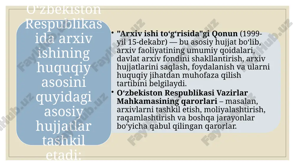 rlik arxiv ishining rivoji bevosita malakali kadrlar tayyorlashga bog‘liq. o‘zbekistonda arxiv sohasi uchun kadrlar quyidagi yo‘nalishlarda tayyorlanadi: toshkent davlat yuridik universiteti; o‘zbekiston milliy universiteti; tarix, huquq, axborot tizimlari bo‘yicha boshqa oliygohlar. bundan tashqari, xalqaro tashkilotlar (unesco, ifla, ica) bilan hamkorlikda arxivchilar uchun seminar-treninglar, malaka oshirish kurslari tashkil etilmoqda. o‘zbekiston arxivchilari rossiya, germaniya, turkiya, janubiy koreya kabi mamlakatlar bilan ham tajriba almashmoqda. bu esa yurtimiz arxiv ishining xalqaro standartlarga yaqinlashishiga xizmat qilmoqda. e’tiboringiz uchun rahmat image2.jpg image3.png image4.jpeg image5.jpeg /docprops/thumbnail.jpeg