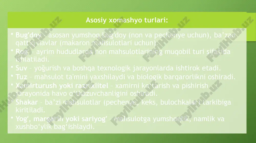 yenik talablar nafaqat ishlab chiqarish jarayonining tozalik holatini, balki xodimlarning salomatligini himoya qilishni ta'minlashga qaratilgan. asosiy gigiyenik talablar: ishlab chiqarish va saqlash joylarining tozaligi: ishlab chiqarish binosi va uskunalar har doim toza va sanitariya talablariga javob beradigan holatda bo‘lishi kerak. bu jarayonni ta'minlash uchun maxsus tozalash va dezinfeksiya qilish materiallari ishlatiladi. ishchilar uchun sanitariya talablari: ishchilarning toza va gigiyenik holatda bo‘lishi, ularning sanitariya talablariga muvofiq kiyinishlari, qo‘llarini yuvishlari va niqob taqishlari zarur. har bir xodimning sog‘lomligi tekshiriladi va mehnat sharoitlari xavfsiz bo‘lishi kerak. mahsulotni saqlash va transport qilish: tayyor mahsulotlar maxsus sanitariya qoidalariga asoslangan omborlarda saqlanishi kerak. transport jarayonida ham gigiyena talablari rioya etiladi, chunki noto‘g‘ri saqlash va tashish jarayoni mahsulot sifatiga salbiy ta’sir ko‘rsatishi mumkin. ichki bozor holati o‘zbekiston aholisining asosiy iste’mol mahsulotlari qatoriga non, makaron mahsulotlari, shirinliklar va boshqa un asosidagi mahsulotlar kiradi. bu esa ichki bozorda ushbu mahsulotlarga doimiy talab mavjudligini ko‘rsatadi. ichki bozorda un mahsulotlari quyidagi …