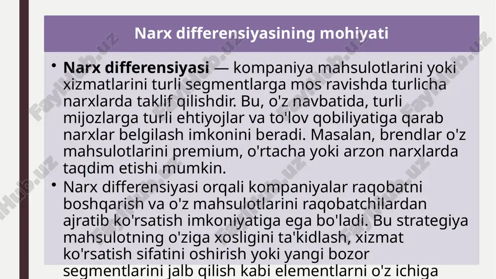 uchun premium narxlar qo'llanilishi, kamroq talab bo'lgan variantlar esa arzon narxlarda taqdim etilishi mumkin. raqobatbardosh differensiyasi tavsif: raqobatbardosh differensiya strategiyasi raqobatchilarni o'rganish va ularning narxlaridan farqli ravishda mahsulot yoki xizmatlar narxini belgilashni o'z ichiga oladi. bu usulda kompaniya bozor lideri sifatida o'z pozitsiyasini mustahkamlash maqsadida raqobatchilarning narxlaridan past yoki yuqori narxlar qo'llashi mumkin. misol: agar raqobatchi yuqori sifatli mahsulotni yuqori narxda sotayotgan bo'lsa, kompaniya o'zining arzonroq variantini taqdim etishi mumkin yoki aksincha, yuqori narxni belgilash orqali raqobatni yengishi mumkin. afzalliklari: bu yondashuv kompaniyaga raqobat ustunligini qo'lga kiritish va raqobatchilarni o'ziga jalb qilish imkonini beradi. narx differensiyasi strategiyasini joriy etish va uning samaradorligini baholash narx differensiyasi strategiyasini muvaffaqiyatli joriy etish uchun kompaniya bozorni chuqur o'rganishi, mijozlarni segmentatsiya qilishi va samarali narx belgilash tizimini ishlab chiqishi kerak. ushbu jarayonni boshqarish va uning samaradorligini baholash kompaniyaning uzoq muddatli muvaffaqiyati uchun muhimdir. quyida narx differensiyasi strategiyasini joriy etish jarayonining asosiy bosqichlari va uning samaradorligini …