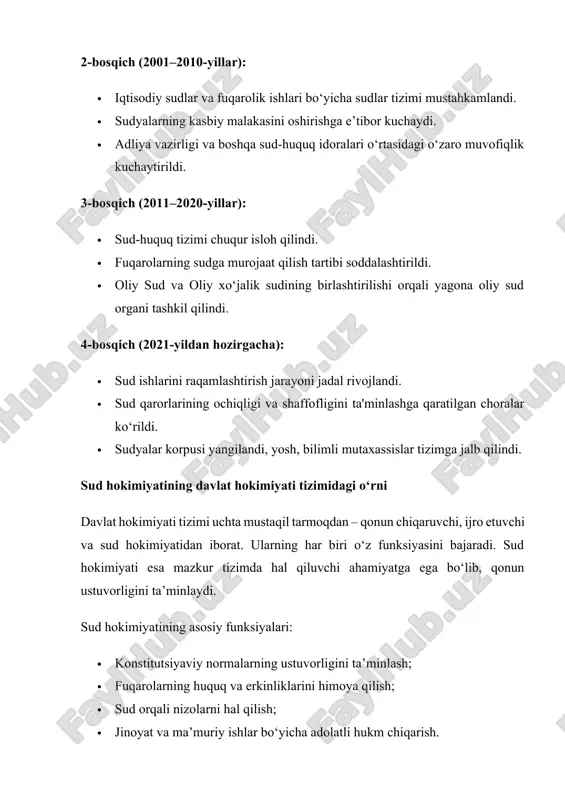 ni bajaradi. bu sudlarning faoliyati konstitutsiya, "sudlar to‘g‘risida"gi qonun va boshqa normativ-huquqiy hujjatlar bilan tartibga solinadi. oliy sud o‘zbekiston respublikasi oliy sudi – mamlakatdagi eng yuqori sud organidir. u fuqarolik, jinoyat, ma’muriy va iqtisodiy ishlar bo‘yicha yakuniy sud instansiyasi hisoblanadi. 2017-yilda oliy xo‘jalik sudi tugatilib, uning funksiyalari oliy sudga o‘tkazildi. bu islohot sud tizimini yanada markazlashtirish va yagona sud amaliyotini shakllantirishga xizmat qildi. oliy sudning asosiy funksiyalari: · sud ishlarining yuqori instansiyada ko‘rib chiqilishini ta’minlash; · sud amaliyotida yagona yondashuvni belgilash; · qonunchilikni sharhlash va tushuntirishda sud amaliyoti orqali ishtirok etish; · qonun ustuvorligini ta’minlashda muhim rol o‘ynash. viloyat va toshkent shahar sudlari har bir viloyat va toshkent shahrida viloyat darajasidagi sudlar mavjud. ular birinchi va apellyatsiya instansiyasi sifatida faoliyat ko‘rsatadi. bu sudlar quyidagi yo‘nalishlar bo‘yicha ishlaydi: · fuqarolik ishlari bo‘yicha; · jinoyat ishlari bo‘yicha; · iqtisodiy nizolar bo‘yicha; · ma’muriy sudlov bo‘yicha. viloyat sudlari o‘z hududidagi tuman (shahar) sudlarining …