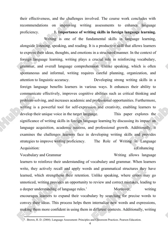 as they must analyze and interpret information before producing their own written responses. additionally, writing encourages active engagement with language input. for example, summarizing an article or writing a response to a podcast requires learners to process and understand the material before expressing their opinions. this interaction between writing, reading, and listening strengthens overall language proficiency. writing skills and academic success a) importance in academic settings in educational institutions, writing is a fundamental skill required for success in various subjects. students are expected to write essays, reports, research papers, and exam responses in the target language. strong writing skills enable them to present their ideas clearly, construct logical arguments, and demonstrate their understanding of academic content. academic writing also fosters critical thinking and analytical skills. when students write essays or research papers, they must evaluate sources, form arguments, and provide evidence to support their claims. this process encourages deeper engagement …