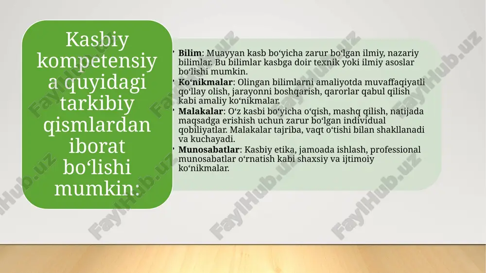 arning ma’lum bir sohada muayyan vazifalarni bajarishda yuzaga keladigan o‘ziga xos malakalardir. masalan, muhandislikda maxsus texnik ishlarni bajarish yoki iqtisodchining hisob-kitoblar qilish malakasi. shaxsiy xususiyatlar va psixologik holat kasbiy kompetensiyaning tarkibida muhim ahamiyatga ega. kasbiy faoliyatni samarali bajarish uchun o‘quvchining shaxsiy yondashuvi, ijtimoiy ko‘nikmalari, hissiy zaxiralari va psixologik barqarorligi zarur. shaxsiy xususiyatlar: mas’uliyat, samarali vaqtni boshqarish, stressni boshqarish kabi xususiyatlar kasbiy muvaffaqiyatga katta ta’sir ko‘rsatadi. psixologik holat: o‘quvchilarning stressga bardoshliligi, motivatsiyasi, ishonch va o‘ziga bo‘lgan ishonch ham kasbiy kompetensiyaning shakllanishida katta rol o‘ynaydi. image1.jpg /docprops/thumbnail.jpeg