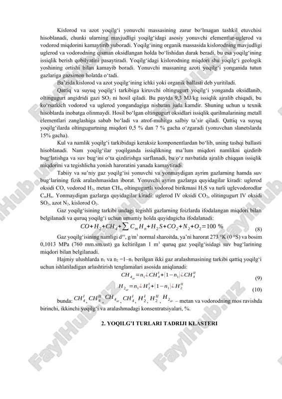 h ko‘paytgichlari [13] № yoqilg‘ining berilgan massasi massalararo hisoblash koeffitsiyentlari ishchiga yonuvchiga quruqqa ishchi 1 yonuvchi 1 quruq 1 yoqilg‘ining yonuvchi komponentlari ichida ahamiyati bo‘yicha ikkinchi o‘rinda vodorod turadi, uning yonishi natijasida 10,9 mj/kg issiqlik ajralib chiqadi. qattiq va suyuq yoqilg‘ilarning yonuvchi massasidagi vodorodning miqdori 2 % dan (antratsit) 10,5 % gacha (mazut) o‘zgaradi. kislorod va azot yoqilg‘i yonuvchi massasining zarur bo‘lmagan tashkil etuvchisi hisoblanadi, chunki ularning mavjudligi yoqilg‘idagi asosiy yonuvchi elementlar-uglerod va vodorod miqdorini kamaytirib yuboradi. yoqilg‘ining organik massasida kislorodning mavjudligi uglerod va vodorodning qisman oksidlangan holda bo‘lishidan darak beradi, bu esa yoqilg‘ining issiqlik berish qobilyatini pasaytiradi. yoqilg‘idagi kislorodning miqdori shu yoqilg‘i geologik yoshining ortishi bilan kamayib boradi. yonuvchi massaning azoti yoqilg‘i yonganida tutun gazlariga gazsimon holatda o‘tadi. ba’zida kislorod va azot yoqilg‘ining ichki yoki organik ballasti deb yuritiladi. qattiq va suyuq yoqilg‘i tarkibiga kiruvchi oltingugurt yoqilg‘i yonganda oksidlanib, oltingugurt angidridi gazi so2 ni hosil qiladi. bu paytda 9,3 …