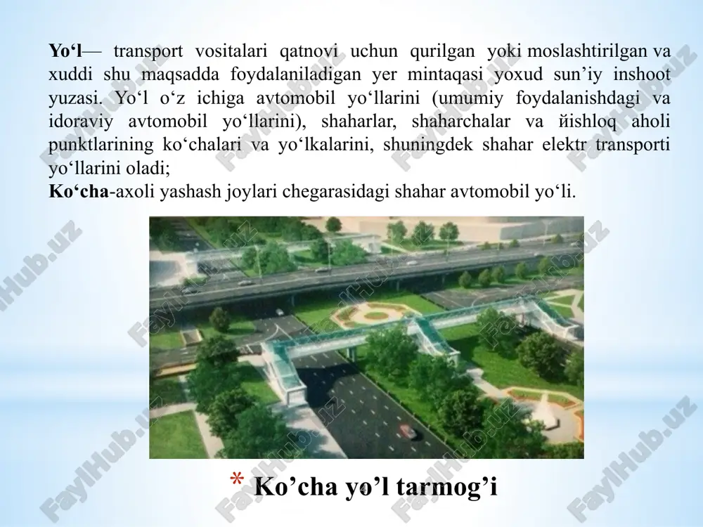 dagi masofa. bo‘ylama kesimda loyiha chizig‘ini o‘tkazishning 2 xil usuli bor: i-yuza (sirt) bo‘ylab o‘tkazish. ii-qirqish usuli bilan o‘tkazish. bo‘ylama kesim:i-yo‘l nol belgilarda; ii-ko‘tarmada; iii-o‘ymada. bo‘ylama kesimda keltirilgan qora sanoqlar (yer sanoqlari) va qizil sanoqlar (loyihaviy sanoqlar) farqi ishchi sanoqlar deb ataladi. bo‘ylama kesimdagi siniq chiziqlar egri chiziqlar bilan qulay holatga keltiriladi, ya’ni vertikal egriliklar loyihalanadi. vertikal egriliklar ikki xil bo‘ladi qavariq va botiq. ko‘cha va yo‘llarning umumiy kengligi - qurilish chizig‘i orlig‘idagi masofaga, mavjud bino va inshootlarning balandligiga, ko‘kalamzorlashtirish xususiyatiga, piyodalar yo‘laklarining kengligiga, yer osti inshootlarini joylashtirish uchun ajratilgan texnik polosalar kengligiga va boshqa omillarga bog‘liq. № ko‘cha-yo‘l toifalari bitta polosa kengligi, m ikkala yo‘nalishda harakat polosalari soni kamida istiqboldagi harakat xajmini xisbga olgan xolda 1 shahar ahamiyatidagi magistral ko‘chalar: - uzluksiz harakatdagi; - harakati boshqariladigan. 3,75 3,75 6 4 8 6 2 tuman ahamiyatidagi magistral ko‘chalar 3,75 4 6 yuk transporti harakati uchun yo‘llar 3,75 2 4 3 …