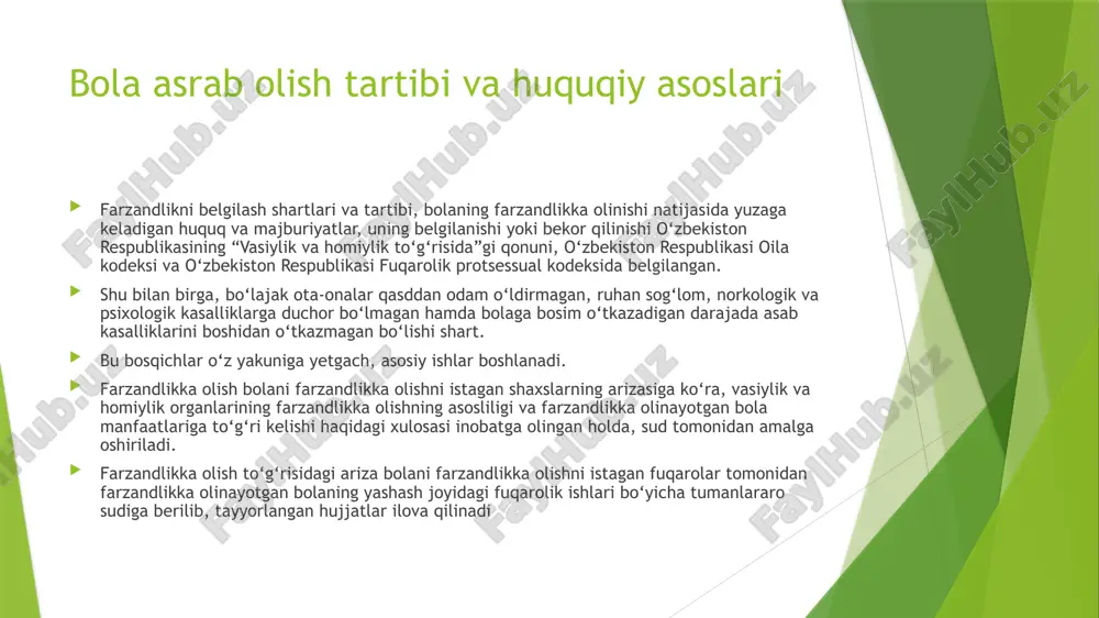 umkin bo‘lgan bola (bolalar) to‘g‘risidagi axborotni taqdim etadi va bola (bolalar) yashaydigan (turgan) joyda bolani (bolalarni) ko‘rish uchun yo‘llanma beradi. agar farzandlikka olishga nomzodlar o‘z yashash joyida farzandlikka olish uchun bolani tanlay olmasa, ular farzandlikka olinadigan bola to‘g‘risida ma’lumot olish uchun o‘z xohishlariga ko‘ra boshqa tuman (shahar) xalq ta’limi bo‘limiga yoki o‘zbekiston respublikasi xalq ta’limi vazirligiga murojaat qilishi mumkin. farzandlikka olishning psixologik qonunlari. farzandlikka olish aktiga boradigan bo'lsak, bu har doim xudbin intilishlardan kelib chiqadi. agar bola bizniki bo'lsa, unda tabiat "bu mening bolalarim" ichki munosabatini shakllantiradi. va biz boshqalarning farzandlarini olsak, kollektiv ongsiz ravishda "ota-ona va bola" munosabatlaridagi ziddiyatni his qiladi … farzandlikka olishning psixologik qonunlari mavjud. farzandlikka olish aktiga borganimizda, bu har doim xudbin intilishlardan kelib chiqadi. agar bola bizniki bo'lsa, unda tabiat "bu mening bolalarim" degan ichki munosabatni shakllantiradi. va biz boshqalarning farzandlarini olsak, kollektiv ongsiz ravishda ota-ona va bola munosabatlaridagi ziddiyatni his qiladi. bizning oramizda oilaviy …