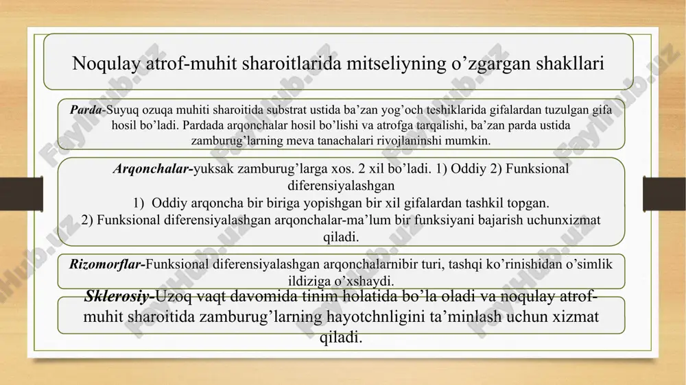 fermentativ apparati ta’minlaydigan metabolik xususiyatlari bilan bog’liq. invertaza amilaza lipaza fosfataza tannaza polifeniloksidaza aminokislotalar oksidazasi pektin fermentlari uning vositasida zamburug’lar boshqa mikroorganizmlar ishlata olmaydigan substratlarda ham har xil kimyoviy o’zgartirishlar yuzaga keltiradi va bunday substratlarni o’zlashtiradi. shu sabadan ular har qanday sanoat uskunasini o’z vaqtidan oldin ishdan chiqara oladi. fermentlarning keng to’plamidan tashqari, ko’p zamburug’ turlari toksin birikmalari hosil qilish qobiliyatiga ega. bu esa ularning raqobat qilish qobiliyatini yanada oshiradi. materiallar uchun zamburug’lar metabolizmida hosil bo’ladigan boshqa birikmalar, ayniqsa organik kislotalar ham xavf tug’dradi. misol uchun, reaktiv yonilg’ida o’sish jarayonida cladosporium resinae sintez qiladigan organik (limon, tsis-akonit, izolimon, -ketoglutar, shovul, sirka va dodekan) kislotalar samolyotlarning alyuminiy baklarida korroziya qo’zg’atadi. materiallar mikologik shikastlanishida zamburug’lar biologik ekstremal sharoitlarda o’sa olish qobiliyatining ahamiyati oz emas. zamburug’ sporalari qurishga chidamli, ular quruq sharoitda 20 yil va undan ham ko’proq vaqt mobaynida saqlangani ma’lum. ko’p tur zamburug’larning sporalari past harorat mavjud bo’lgan sharoitlardan biokimyoviy faolligini …