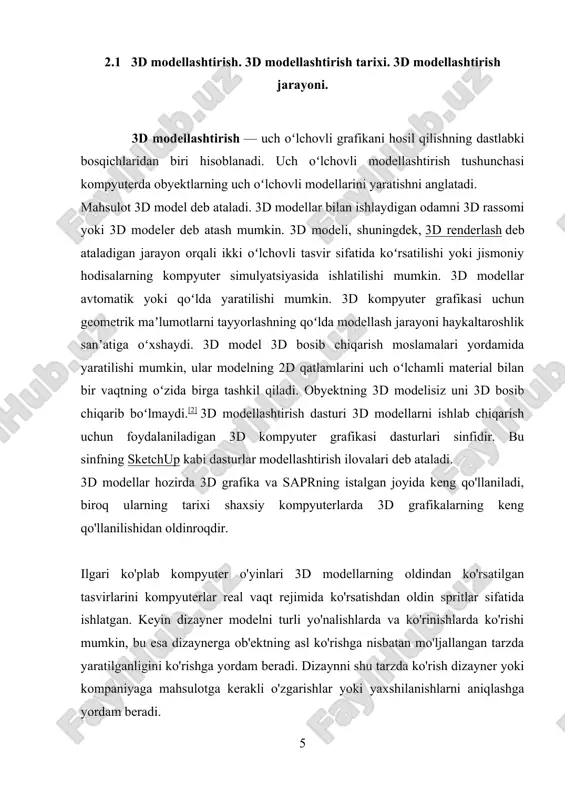 ng orasidagi farqlar, asosan, ularni yaratish va tahrirlash usulidagi o'zgarishlar, turli sohalarda foydalanish qoidalari va model va haqiqat o'rtasidagi yaqinlashish turlaridagi farqlardir. chig'anoq modellari haqiqiy ob'ekt sifatida mazmunli bo'lishi uchun ko'p qirrali bo'lishi kerak (qobiqda teshiklar yoki yoriqlar bo'lmagan). kubning qobiqli modelida kubning pastki va yuqori yuzasi bosilgan birinchi va oxirgi qatlamda teshik va yoriqlarsiz bir xil qalinlikka ega bo'lishi kerak. ko'pburchak to'rlar (va kamroq darajada bo'linish yuzalari) eng keng tarqalgan tasvirdir. darajalar to'plamlari suyuqliklar kabi ko'plab topologik o'zgarishlarga duchor bo'lgan sirtlarni deformatsiyalash uchun foydali tasvirdir. ob'ektlarning tasvirlarini, masalan, sharning o'rta nuqta koordinatasini va uning aylanasidagi nuqtani sharning ko'pburchak tasviriga aylantirish jarayoni mozaika deb ataladi. ushbu bosqich ko'pburchak asosidagi renderlashda qo'llaniladi, bunda ob'ektlar sharlar, konuslar va boshqalar kabi mavhum tasvirlardan ("ibtidoiy") o'zaro bog'langan uchburchaklar tarmog'i bo'lgan to'rlar deb ataladigan narsalarga bo'linadi. uchburchaklar to'rlari (masalan, kvadratlar o'rniga) mashhur, chunki ular rasterizatsiya qilish oson (har bir uchburchakda tasvirlangan sirt tekis, shuning uchun …