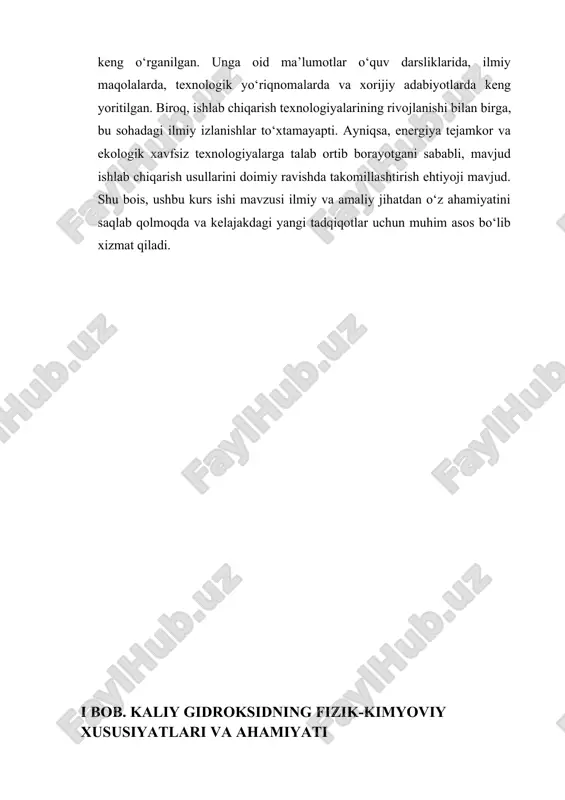 ydali moddalardir. kaliy gidroksid kuchli ishqoriy ta’m va hidga ega bo’lgan oq yoki rangsiz qattiq moddadir.erish nuqtasi 360 daraja va qaynash nuqtasi 1,327 daraja.u suvda va etanolda eriydi va yuqori ishqoriy bo’lgan suvli eritma hosil qiladi.kaliy gidroksidi teri bilan aloqa qilganda kuchli kuyishga olib kelishi mumkin,shuning uchun uni ehtiyotkorlik bilan ishlatish kerak. kaliy gidroksidi ko’plab sanoat va tijorat maqsadlarida qo’llaniladi.odatda sovun va yuvish vositalarini ishlab chiqarishda qo’llaniladi.bundan tashqari, kaliy seritrasi kabi o’g’itlar ishlab chiqarishda va neftni qayta ishlashda ishlatiladi.bundan tashqari,kaliy gidroksid bateriyalar ishlab chiqarishda,qurituvchi sifatida va ayrim turdagi shisha ishlab chiqarishda ishlatiladi.kaliy gidroksid (koh) sanoatda asosan elektroliz usuli orqali ishlab chiqariladi.bu jarayon kaliy xlorid (kcl) ertmasini elektroliz qilish orqali amalga oshiriladi. xomashyo tayyorlash asosiy xomashyo – kaliy xlorid (kcl) suvda eritiladi va tozalanadi.tozalash jarayoni aralashmalarni (masalan, ca²⁺, mg²⁺ ionlari) yo‘qotish uchun kerak. elektroliz jarayoni tayyorlangan kcl eritmasi elektroliz vannasiga yuboriladi.elektrodlar sifatida grafit yoki boshqa elektr o'tkazuvchan material ishlatiladi. elektroliz reaksiyasi: …