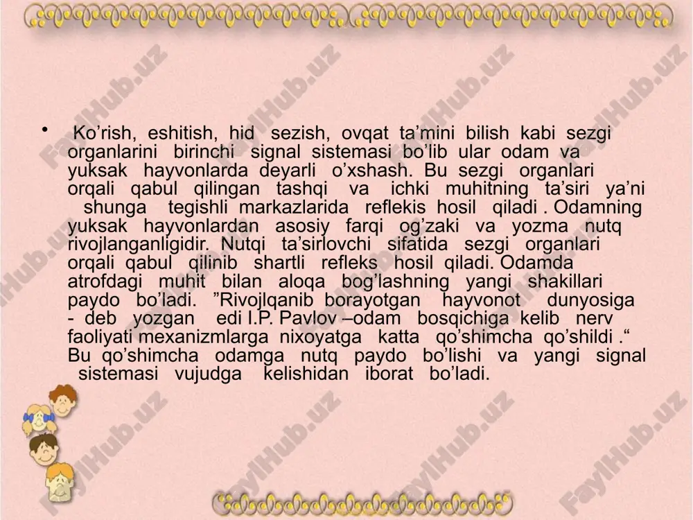 giga va ularning bir –birga munosabatiga ko’ra odam oliy nerv faoliyatini 4 tipga bo’lgan edi . kuchli, qo’zg’aluvchan, muvozanatlashmagan, jonsarak tip. bu tipda qo’zgalish va tormozlanish kuchli, ammo muvozanatlashmagan, qo’zg’alishi tormozlanishdan ustun turadi.bu tipga kiruvchi bolalarda shartli reflekslar sekin paydo bo’ladi, u o’rta o’zlashtiriladi biror ishga tez kirishi, tez soviydi. emotional reaksiyalari kuchli, bilar - bilmas javob berib o’z fikrini maqullaydigan, topshiriqlarni o’z vaqtida bajarib kelmaydigan, sekin paydo bo’lgan shartli reflekslar tez so’nadi. maktab hayotiga kichiklik bilan ko’nikadi, nutqi tez va qo’pol, xarakterli o’zgaruvchan , o’z hissiyotlarini qiyinchilik bilan ushlaydigan, qiziqqon, agresiv, tarbiyaga qiyinchilik bilan beriluvchi, faqat tarbiya asosidagina uzoq va tiziomli ish faoliyatiga ega bo’ladi. kuchli, qo’zg’aluvchan , muvozanatlashgan, serharakat tip. bu tip nerv prosesslarning kuchliligi, qo’zg’alish va tormozlanishning muvozanatlashganligi va harakatchanligi bilan ta’riflanadi. maktab hayotiga tez ko’nikadi, o’qish va yozishni tez o’rganadi, ular namunali hulqqa ega bo’ladi, darslarni a’lo darajada o’zlashtiradi, uyga berilgan vazifalarni o’z vaqtida bajarib kelishiga …