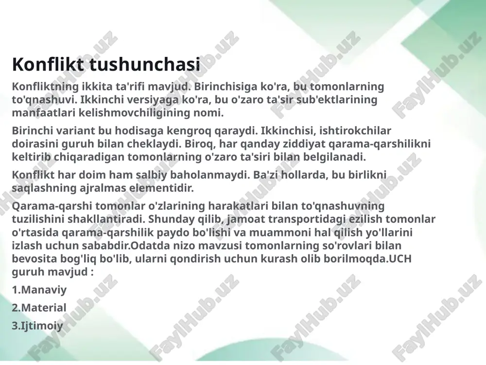 iradi. ularning har biri ishtirokchilar soni va davomiyligi bilan farq qiladi. ko'rishlar bir-biriga to'g'ri kelishi mumkin. xalqaro nizolar ham maxsus tartibda ko'rib chiqiladi. shaxsiy va guruh o'rtasidagi to'qnashuv shaxs va guruh o'rtasidagi kelishmovchilik, shaxs boshqalardan o'rnak olishdan bosh tortganda mumkin. mojaroni keltirib chiqaradigan qabul qilinishi mumkin bo'lmagan xatti-harakat sodir etilishi mumkin. yechimlar qarama-qarshilik yoki nizolarning misollari ilmiy jamoalarda uchraydi. bu muammolarni konstruktiv echish mumkinligini isbotlaydi. to'qnashuvlarning barcha toifalariga yondashuvlarning uchta varianti ko'rib chiqiladi: motivatsion, kognitiv va vaziyat. motivatsion birinchidan, dushmanlik ichki muammolarni aks ettiradi. uning asosiy vazifasi guruh ichida miting o'tkazishdir. ommaviy terrorizm va irqiy diskriminatsiya misollari boshqalar bilan to'qnashuvda bir guruhda barqarorlik imkoniyatlarini eng aniq namoyish etadi.agressivlikning namoyon bo'lishining asosiy sabablari orasida hamjamiyat tomonidan egallab olingan pozitsiyani buzilgan deb baholash har doim ham adolatli emas.vaziyatli vaziyatli yondashuvning yo'nalishi kelishmovchiliklarning o'ziga xos xususiyatlariga asoslanadi. natija jamoaviy sa'y-harakatlar bilan aniqlanganda, hamkorlik uchun sharoit paydo bo'lishi bilan guruhlar o'rtasidagi dushmanlik kamayadi. konstruktiv …