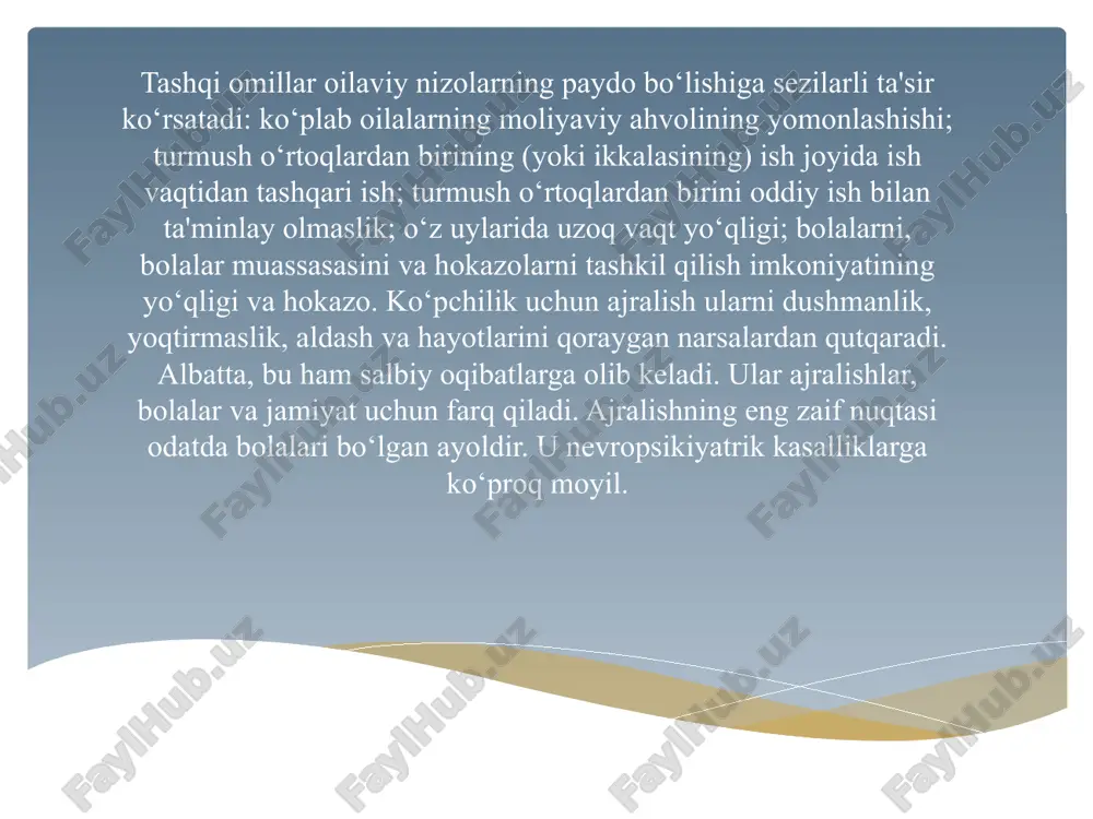 da g'alaba qozonish shart emas, chunki g'alaba mag'lubiyatni anglatadi. ittifoq - bu qul va xo'jayin emas, balki ikkita teng sheriklarning birlashmasi. ikki turmush o'rtog'i munosabatlarda qulay bo'lishi kerak, buning natijasida nikoh ittifoqi buzilmasligi kerak, chunki birovning istaklari bajarilmagan. oilaviy nizolarni hal qilishda nafaqat muammolarga yo'l qo'ymaslik, balki ularni hal qilish ham zarur. g'alaba qozonish yoki himoya qilish uchun emas, balki hal qilish maqsadida konstruktiv va xotirjam muloqot qiling. uchinchi shaxslarni nizoga jalb qilish tavsiya etilmaydi, chunki ular mojaroni keyingi hal qilish uchun katalizator bo'lishi mumkin. ajralish ko'pincha nizolarni hal qilish usullaridan biriga aylanadi. psixologlar uch bosqichni ajratib ko'rsatishadi: 1. birinchi bosqich hissiy ajralish darajasida sodir bo'ladi, unda sheriklar shunchaki qadrlashni, hurmat qilishni, bir-birlarini sevishni, yordam berishni to'xtatadilar. 2. ikkinchi bosqich jismoniy ajralish bilan belgilanadi, juftlar alohida to'shakda uxlashni boshlaydilar va xatto alohida yashaydilar. 3. uchinchi bosqichda huquqiy ajralish sodir bo'ladi. ko'pincha, ajralish haqiqati juftlarning nomuvofiqligi tufayli ma'lum bir oilada yengib …