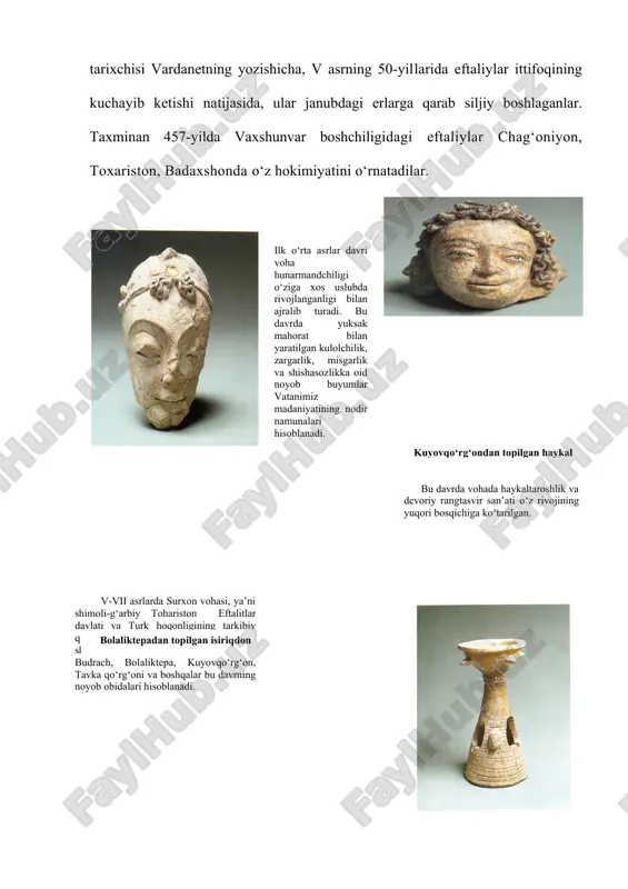 hli davlat tuzadi. qisqa vaqtga bo‘lsada, o‘z davlatining asosiy o‘zagini tashkil etgan toxariston erlarini sosoniylar eroniga qaramliqdan saqlab qola oladi. 563-567 yillarda turk hoqonligining hujumi tufayli eftaliylar mag‘lubiyatga uchraydi, ammo eftaliylar hukmronligi chag‘oniyonda saqlanib qoladi. turk hoqoni istemi va xusrav i anushervon orasida tuzilgan shartnomaga ko‘ra xusrav i anushervon 571-yili chag‘oniyonni va eftaliylarga qaram bo‘lgan boshqa joylarni oladi. shu tariqa, chag‘oniyon deyarli , etmish yil eftaliylar davlati tarkibvda bo‘ldi. chag‘oniyon eftaliylar tarkibida ham, sosoniylar davlatiga kirganda ham muayyan darajada mustaqil bo‘lgan. qizig‘i shundaki, xusrav i anushervon eg‘allagan o‘sha vaqtdag‘i barcha baqtriya viloyatlari orasida ad-dinovariy faqat toxariston va chag‘oniyonni ko‘rsatib o‘tadi. o‘zbekiston janubining eftaliylarga bo‘isunganligini peruz tangalariga taqlidan yasalgan eftaliy tangalarining termiz, xayrobodning barcha hududidan topilganligi ham tasdiqlaydi. birmuncha keyinroq, aniqrog‘i vii-viii asrlar birinchi yarmida chag‘oniyonda chochning turkiy hokimi va markaziy osiyoning boshqa viloyatlari hukmdorlari tangalariga taqlidan zarb qilingan bu tangalarning old tomonida hukmdor va uning rafiqasining tasviri, orqa tomonida esa …