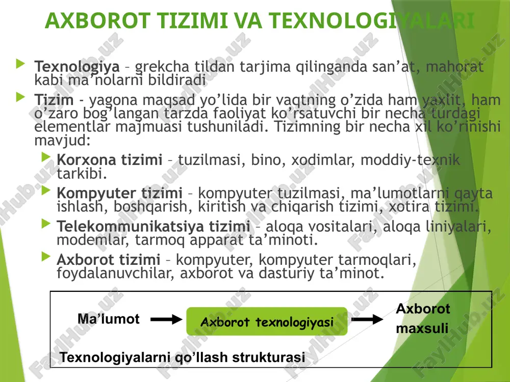 ’lumotlar yozish qurilmasi dvd-rw – dvd disklarni o’qish va ularga ma’lumotlar yozish qurilmasi ma’lumot tashuvchi disklarning turlari: cd - katta hajmdagi ma’lumotlarni saqlashga mo’ljallangan disk dvd - katta hajmdagi multimedia ma’lumotlarni saqlashga mo’ljallangan disk ma’lumotlarni tashuvchi vositalar cd va dvd qurilmasi cd va dvd disklari multimedia vositalari multimedia vositalari yordamida axborotlarni matnli, tasvirli, tovushli va animatsiyali ko’rinishda namoyish etish mumkin. multimediali axborot resurslari animatsiyali, audio va video ma’lumotlardan tarkib topadi. multimedia vositalari bu: nutqli axborotni kiritish-chiqarish qurilmalari (mikrofon, kuchaytirgichlar, tovush kolonkalari); animatsion va video ma’lumotlarni kiritish va chiqarish qurilmalari (videokameralar, videoproektor va ekranlar) tovushli va video ma’lumotlarni saqlovchi optik disklar video animatsiya matn tasvir multimedia ma’lumotlar strukturasi multimedia resurslari tarkibini tashkil etuvchi ma’lumotlar turlari va ularning o’zaro bog’liqlik sxemasi multimedia audio grafiklar jadvallar xulosa axborot-kommunikatsiya texnologiyalari (akt) zamonaviy jamiyatning ajralmas qismiga aylangan bo‘lib, axborotni yig‘ish, saqlash, qayta ishlash va uzatish jarayonlarini samarali tashkil etish imkonini beradi. bu texnologiyalar inson hayotining …