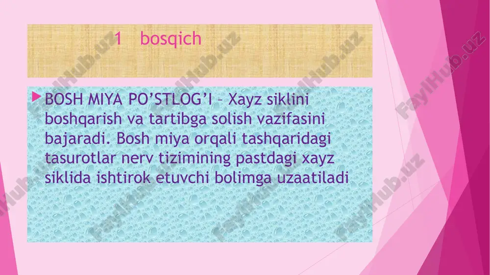 noreyasi asosan genetic o’zgarishlar bilan bog’liq va tuxumdon faoliyatini o’zgarishi tufayli yuzaga keladi tuxumdon amenoreyasi kelib chiqish sabablari gonadalar faoliyati buzilishining turlari gonadalar disgeneziyasi (terner-shereshevskiy) testikulyar feminizatsiya tuxumdonlarni birlamchi gipofunksiyasi bachadon amenoreyasi. kelib chiqish sabablari. klinikasi . umumiy holsizlik serjahllik tez yiglab yuborish hotiraning pasayishi yurakda ogriq terlash boshning tez-tez ogrishi davolash etiologik dam olishni togri yo’lga qo’yish to’g;ri ovqatlanish sedativ preparatlar vitaminoterapiya (a,e,c, bguruh vitaminlar) jinsiy a’zolar yetishmovchiligi kuzatilsa gormonal preparatlar sil tufayli yuzaga kelgan bo’lsa silga qarshi spetsifik davo qo’llaniladi anovulyator disfunksional qon ketish anovulyator disfunksional qon ketish xayzning toxtab qolishi, bachadondan qon ketishi bn xarakterlanadi. turli miqdorda, tezlikda va turli muddatlarda davom etaveradi. u jinsiy rivojlanish davriga to’g’ri kelib , qizlarda kamqonlik kasalligini keltirib chiqaradi. algodismenoreya xayzning og’riqlli va sikli buzilib kelishi. qorin pastida dardsimon og’riqlar kuzatiladi, bel soxasida ham og’riqlar, umumiy holsizlik bo’ladi algomenoreya birlamchi algomenoreya – ichki a’zolarning anatomic o’zgarishlari bilan bog’liq emas. ikkilamchi algomenoreya …