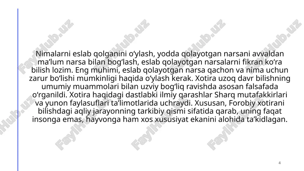 q muddatli xotiraga o'tishi axborotning qanchalik zarurligiga ham bog'liq.masalan,biz telefon raqamlari bitilgan kitobga qarab,o'zimozga kerak bo'lgan telefon raqamini topamiz va qo'ng'iroq qilamiz.agar bu raqam javob bermasa yoki bir marta gaplashib,keyin unga zarurat bo'lmasa,biz uni uzoq muddatli xotiramizga saqlab qola olmaymiz.keyinchalik esa,bu raqamni eslash uchun yana telefonimizga qarashimizga to'g'ri keladi. 11 axborotlarni uzoq muddatli xotiraga o'tkazish juda murakkab jarayon. qisqa muddatli xotiraning hajmi juda ham oz bo’lib, bir necha saqlanish birligini tashkil qilsa, uzoq muddatli xotirada saqlanadigan axborotning hajm chegarasi milliardlab saqlash birligiga teng, lekin shunga qaramasdan, kerakli axborot anchagina tez topiladi.uzoq muddatli xotira sinapslarning o’tkazuvchanligiga bog'liq.o’rgatish jarayoni sinapslarda faol xolinoretseptorlaming sonini ko’paytiradi, po'stloq neyronlarning atsetilxolinga sezgirligini kuchaytiradi.bu eslab qolishni yaxshilaydi. atsetilxolinning antagonistlari xotirani shikastlab,xotirani yo’qolishga (amneziyaga) olib keladi. 12 uzoq muddatli xotira mexanizmlarida katexolaminergik va serotoninergik tuzilmalar ham ishtirok qiladi. noradrenalin shartli signal yuzaga chiqargan qo’zg'alish vaqtini uzaytiradi va shu yo’l bilan tezlashtirib, hosil bo'lgan ko'nikmalarning xotirada saqlanishini ta'minlaydi. yuqoridagilarning …
