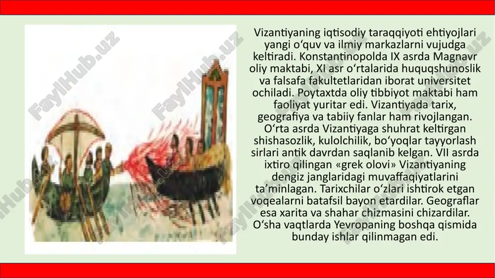 rill va mefodiy – ix asr o‘rtalarida yunon alifbosi asosida slavyan yozuvini yaratib, g‘arbiy slavyanlar orasida xristianlikni keng targ‘ib etishgan. ular yunon tilidagi diniy asarlarni keyinchalik «kirillitsa» deb nom olgan yozuv orqali slavyan tiliga tarjima qilishgan. ushbu yozuv bolgariyadagi rus yerlariga tarqalgan. yaroslav davrida rusda maorif yuksaladi. vladimir davrida kiyevda xristian ruhoniylari tayyorlaydigan o‘quv yurti tashkil etilgan bo‘lsa, yaroslav novgorodda uch yuz ruhoniy tayyorlaydigan bilim yurtini ochadi. knyaz davrida avval kiyevda, so‘ng novgorodda yilnomalar tuzila boshlaydi. image1.png image2.png image3.png image4.png image5.png image6.png /docprops/thumbnail.jpeg