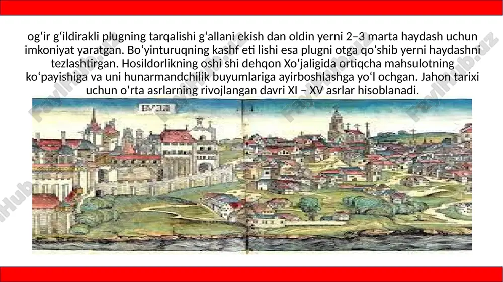 gan. sexni boshqarish uchun saylangan oqsoqol hunarmandlarning nizomga rioya qilishini, tayyorlangan buyumlarning sifati va sonini nazorat qilgan. nizomda ustaning dastgohlari, o‘quvchi-shogirdlari, xalfalari soni belgilab qo‘yilgan. bu xildagi tadbirlar ustalar uchun bir xil sharoit yaratish, raqobatga yo‘l qo‘ymaslik maqsadida qo‘llanilgan. tayyor buyumlar narxi ham sex oqsoqoli tomonidan belgilangan. aksari hollarda ustaning 1–2 ta xalfasi, bir nechta shogird-o‘quvchisi bo‘lgan. ularning o‘zaro munosabatlari ham sex tomonidan nazoratda tutilgan. xalfalik muddati kasbning murakkabligiga qarab 2–7 yil bo‘lib, nodir buyum yasash va uni sex oqsoqoli sinovidan o‘tkazish bilan tugagan. masalan, germaniyada xalfa sexe – ziyofat uyushtirib, so‘ng ustalikka ruxsat olgan. shaharlar hayotida sexlarning o‘rni. sex o‘z a’zolarining bayramlarini tashkil etgan, vafot etgan ustaning oilasini qo‘llagan. sexlar shaharni qo‘riqlashda, urushlar paytida uning mudofaasida alohida bo‘linma tarzida qatnashgan. sexlarning o‘z gerbi, bayrog‘i, ibodatxonasi va ba’zida alohida qabristoni ham bo‘lgan. dastlab ishlab chiqarishning rivojlanishiga xizmat qilgan sexlar xiv–xv asrlardan unga to‘sqinlik qila boshlagan. image1.jpeg image2.jpeg image3.jpeg image4.jpeg image5.jpeg …