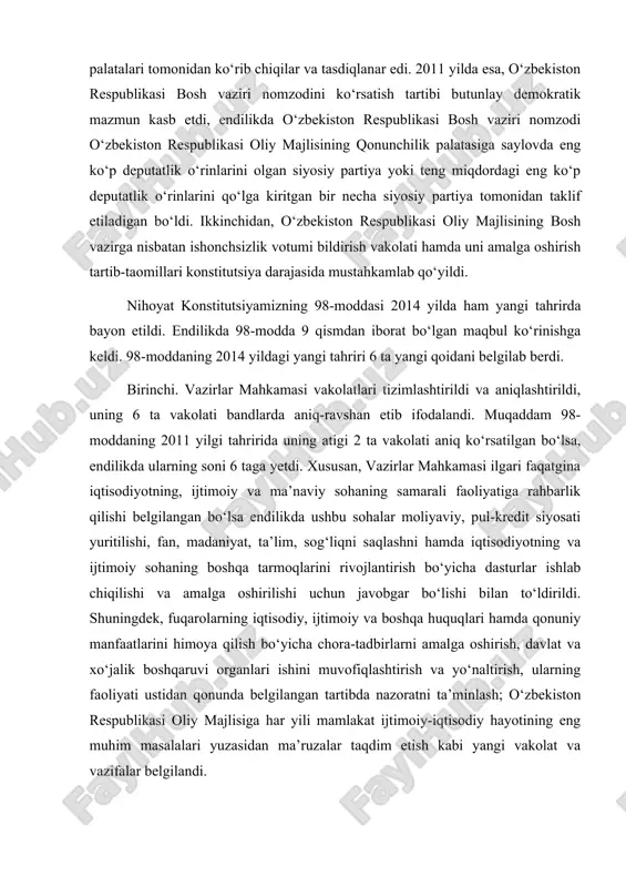 ngdek, fuqarolarning iqtisodiy, ijtimoiy va boshqa huquqlari hamda qonuniy manfaatlarini himoya qilish bo‘yicha chora-tadbirlarni amalga oshirish, davlat va xo‘jalik boshqaruvi organlari ishini muvofiqlashtirish va yo‘naltirish, ularning faoliyati ustidan qonunda belgilangan tartibda nazoratni ta’minlash; o‘zbekiston respublikasi oliy majlisiga har yili mamlakat ijtimoiy-iqtisodiy hayotining eng muhim masalalari yuzasidan ma’ruzalar taqdim etish kabi yangi vakolat va vazifalar belgilandi. ikkinchi. vazirlar mahkamasi ilgari “amaldagi qonun hujjatlariga muvofiq” qaror va farmoyishlar chiqargan bo‘lsa, endilikda ushbu vakolat “konstitutsiyaviy normalar doirasida va amaldagi qonun hujjatlariga muvofiq” amalga oshirilishi belgilandi. uchinchi. vazirlar mahkamasi ilgari o‘z faoliyatida “o‘zbekiston respublikasi prezidenti va o‘zbekiston respublikasi oliy majlisi” oldida javobgar bo‘lgan bo‘lsa, endilikda ustuvorlik o‘zgarib, javobgarlik dastlab o‘zbekiston respublikasi oliy majlisi va undan keyin o‘zbekiston respublikasi prezidenti oldida etib belgilandi. to‘rtinchi. ilgari amaldagi vazirlar mahkamasi o‘z vakolatlarini zimmasidan soqit qilgach, vazirlar mahkamasining yangi tarkibi shakllantirilguniga qadar hukumat qanday faoliyat yuritishi masalasi ochiq qolgan edi. endilikda ushbu muammo hal etildi – amaldagi vazirlar …