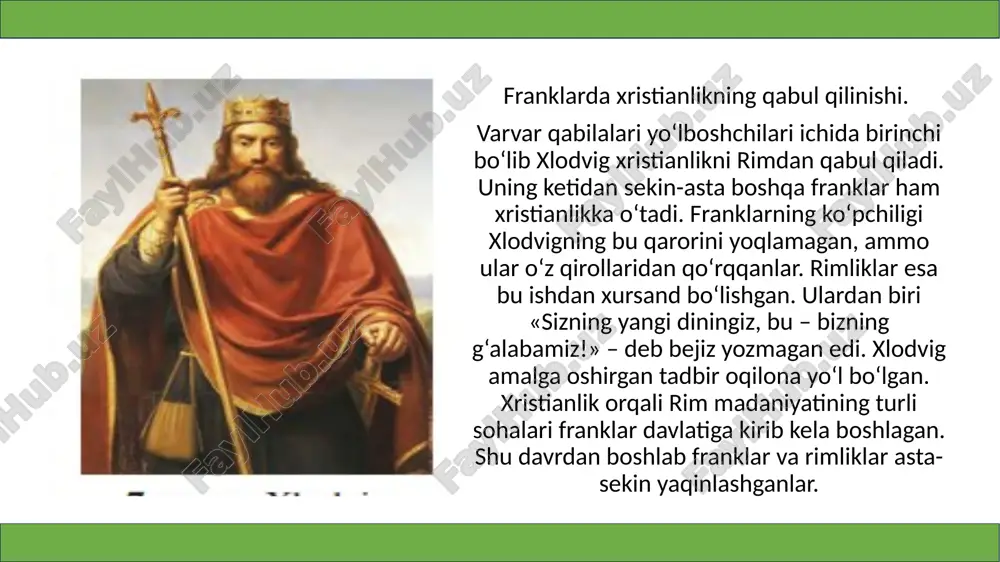 amda batafsil yoritilgan. «sali haqiqati» franklarda qirol hokimiyatining kuchayganini ko‘rsatadi. shunday bo‘lsa-da, «sali haqiqati»da franklar hayoti, ularning urf-odatlari, xo‘jaligi, diniy e’tiqodlariga oid ko‘plab ma’lumotlar mavjud. jumladan, yerning boshqa xo‘jayinga o‘tishi «sotuvchi»ning yeridagi yashil shoxcha yoki poyaning «oluvchi» yeriga berilishi bilan tasdiqlangan. bu kelishuvni farzand va nabiralar ham qonuniy deb bilishgan. image1.png image2.png image3.png image4.png /docprops/thumbnail.jpeg