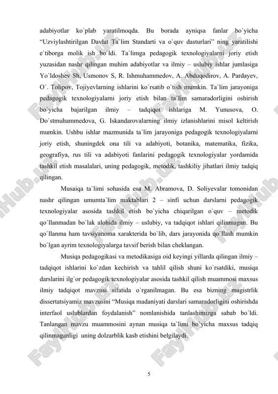 qiqot ob`ekti: umumta`lim maktablari “musiqa madaniyati” darslarini ilg`or pedagogik texnologiyalar orqali tashkil etish jarayoni. tadqiqot predmeti: umumta`limmaktablarida “musiqa madaniyati” darslarini interfaol metodlar orqali tashkil etish mazmuni, tamoillari, bosqichlari. tadqiqot metodlari: mavzuga doir ilmiy, uslubiy, musiqashunoslik, pedagogik va psixologik adabiyotlarni o`rganish, tahlil qilish, pedagogik kuzatish, ilg`or ish tajribalarni o`rganish, qiyoslash, umumlashtirish, savol – javob, anketa – so`rov, tajriba – sinov ishlari va matematik statistika. tadqiqot farazi: musiqa darslarini interfaol metodlardan foydalangan holda o`tish samarali kechadi. agarda: umumta`lim maktablarida musiqa darslarini ilg`or pedagogik texnologiyalar asosida o`tish bilan dars samaradorligiga erishishni kafolatlovchi zarur pedagogik shart – sharoitlar aniqlansa; ta`limga texnologik yondashishning ilmiy – nazariy va amaliy jihatlari asoslansa; musiqa darslarini ilg`or pedagogik texnologiyalar asosida tashkil etish mazmuni, shakl, usullari aniqlansa; musiqa darslariga ilg`or pedagogik texnologiyalarni tadbiq etish bo`yicha ilmiy asoslangan tavsiyalar ishlab chiqilsa. himoyaga olib chiqiladigan holatlar: 1. musiqa darslarini interfaol metodlardan foydalangan holda tashkil qilishning dolzarb pedagogik muammo ekanligi; 2. musiqa darslarini …