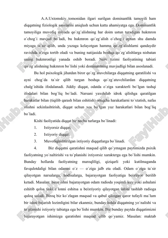 yoki kutilmaganda favqulotdaligi bilan odamni o`z — o`ziga jalb eta oladi. odam o`ziga ta`sir qilayotgan narsalarga, hodisalarga, bajarayotgan faoliyatiga beixtiyor berilib ketadi. masalan: biror ishni bajarayotgan odam radioda yoqimli kuy yoki ashulani eshitib qolsa yoki e`lonni eshitsa u beixtiyoriy qilayotgan ishini tashlab radioga quloq soladi. biroq biz ko`zlagan maqsad va qabul qilingan qaror tufayli ma`lum bir ishni bajarish lozimligini bilar ekanmiz, bunday holda diqqatning yo`nalishi va to`planishi ixtiyoriy tabiatga ega bo`lishi mumkin. biz bunday paytda diqqatimizni bajarayotgan ishimizga qaratishni maqsad qilib qo`yamiz. masalan: maktab o`quvchisi berilgan topshiriqni ongli ravishda bajarishini ixtiyoriy tabiatga ega deb bilamiz. ba`zan esa tamoman boshqa bir narsa jalb qiladi? bu o`rinda biz odatda diqqatni jalb qilish xususida bir — biri bilan zich bog`lanib ketgan murakkab sabablarga egamiz. bu sabablarni tahlil qilish maqsadida biz ularni shartli suratda turli toifalarga bo`lamiz. bunda qo`zg`atuvchining absolyut kuchidan ko`ra, nisbiy kuchi muhimroq rol o`ynaydi. qo`zg`atuvchining to`xtatib ta`sir qilishi muhim ahamiyatga egadir. …